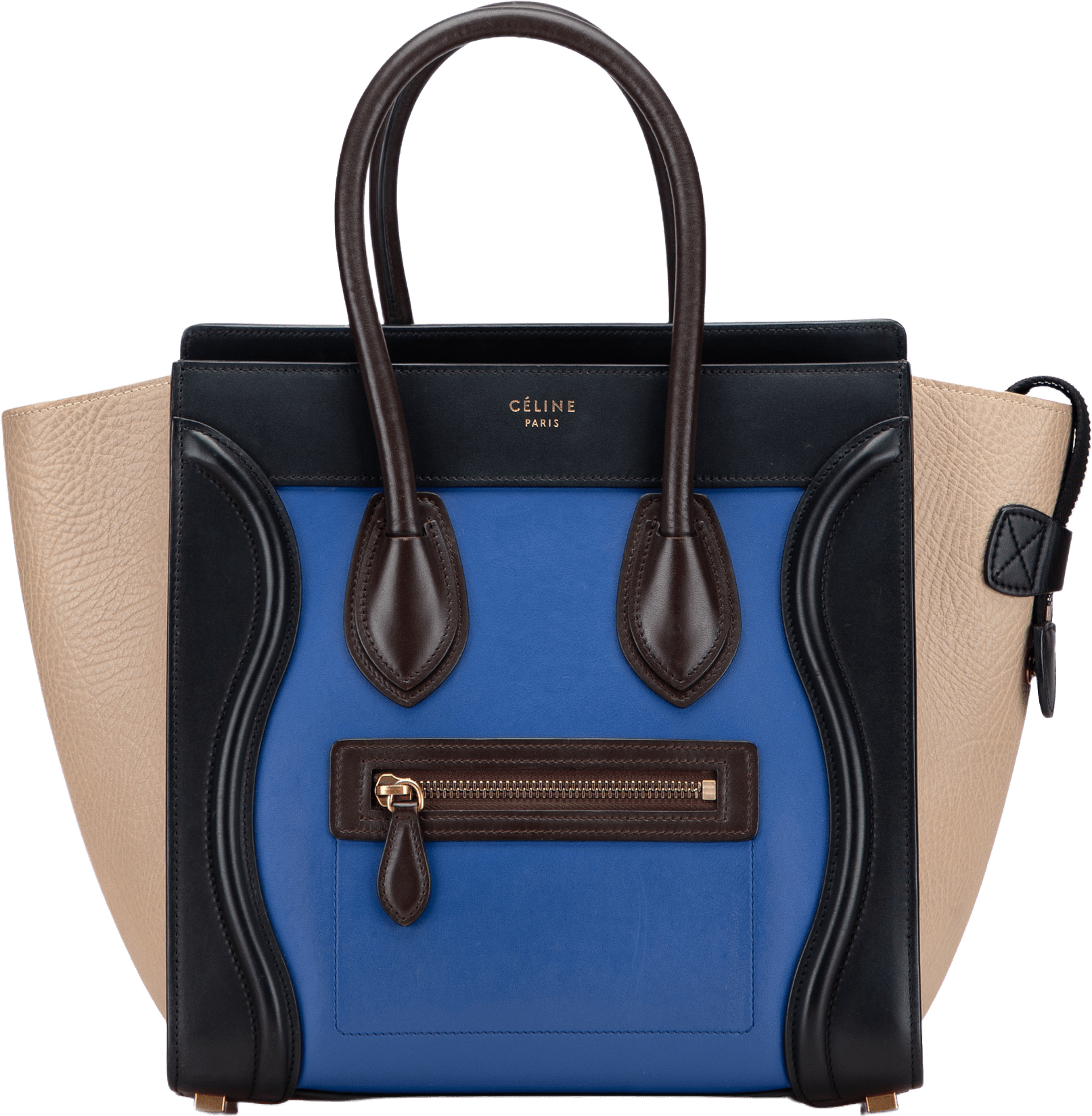 Celine Micro Tricolor Leather Luggage Tote, från Luxclusif, i färgen blue.