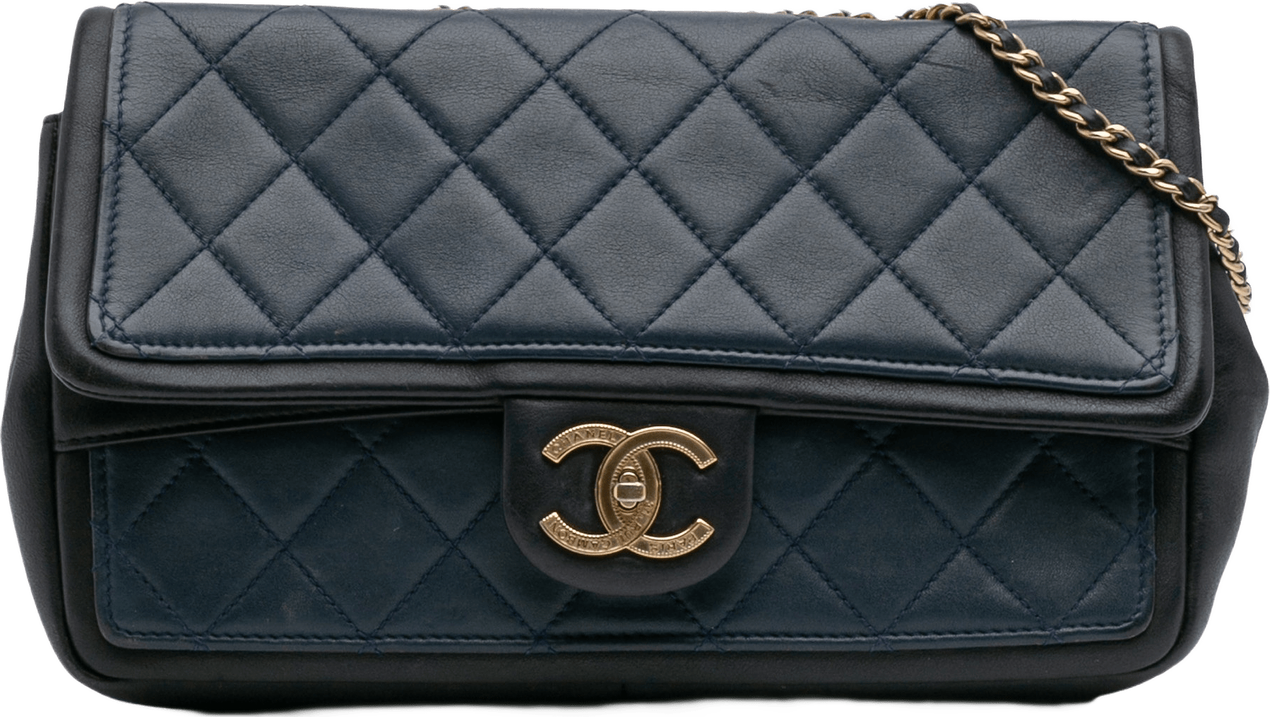 Chanel Medium Bicolor Calfskin Graphic Flap, från Luxclusif, i färgen dark blue.