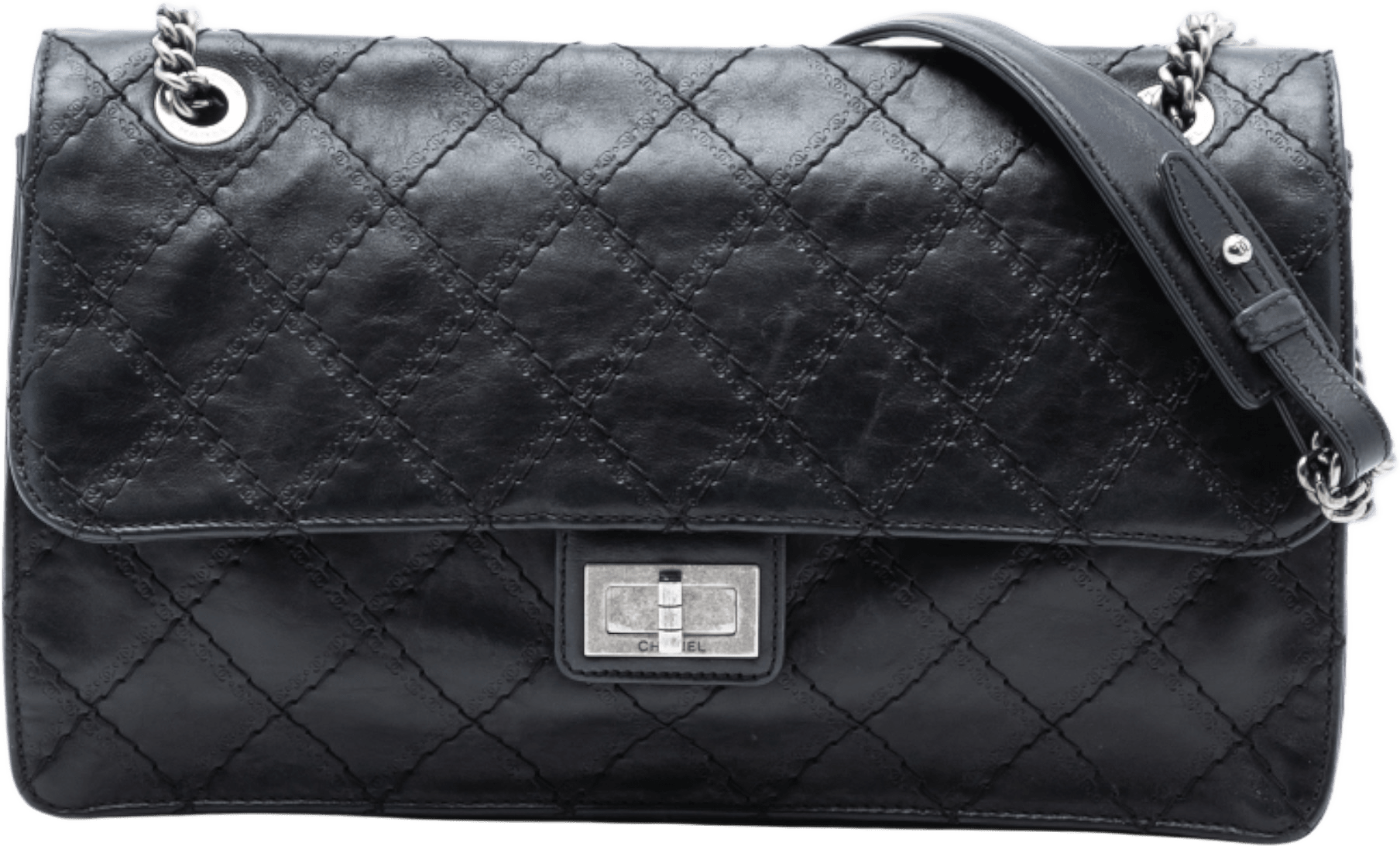 Chanel Embossed Cc Quilted Aged Calfskin Reissue 2.55 Single Flap 227, från Luxclusif, i färgen black.