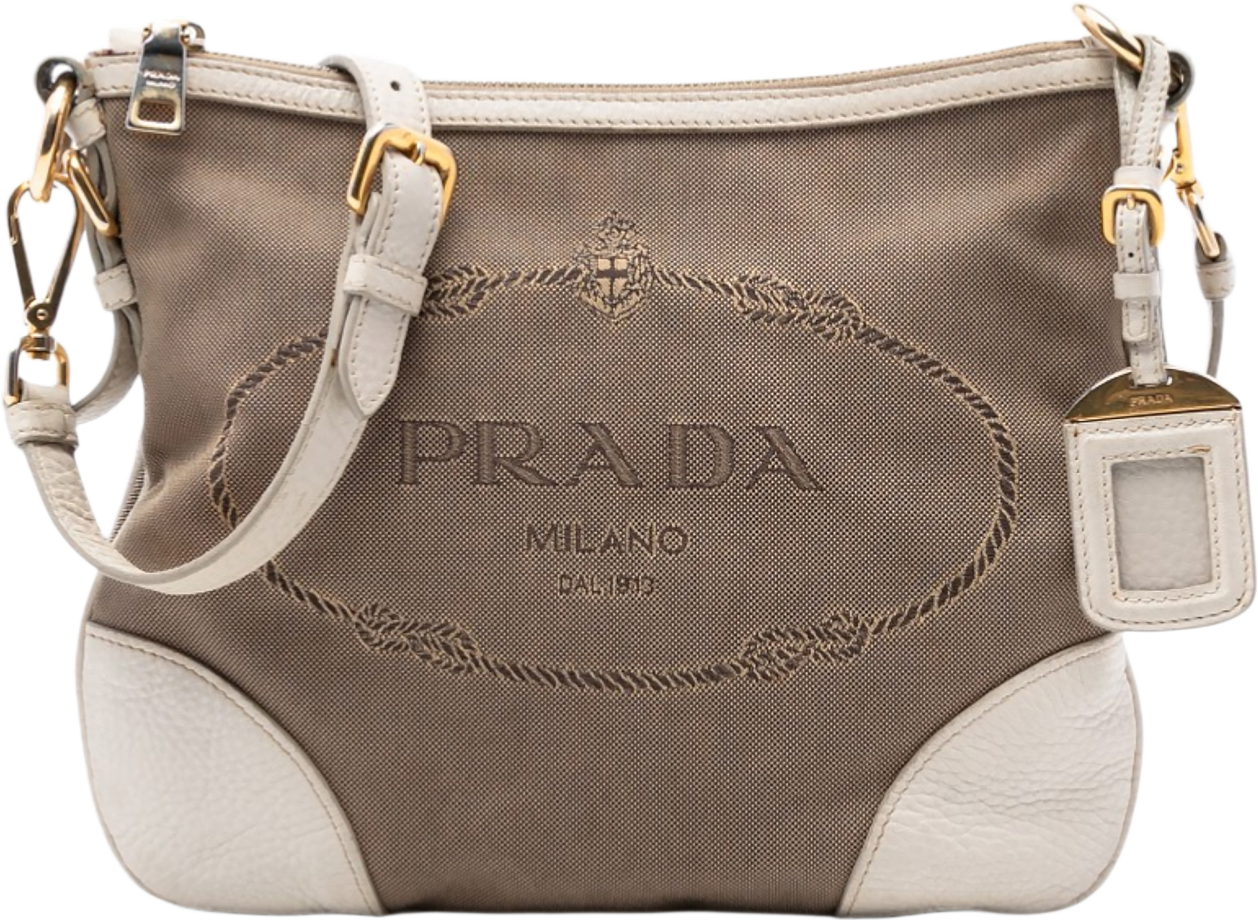 Prada Canvas Canapa Logo Crossbody, från Luxclusif, i färgen light brown.