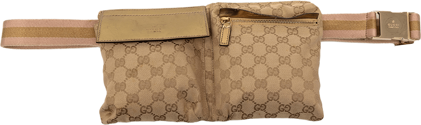 Gucci Gg Canvas Web Double Pocket Belt Bag, från Luxclusif, i färgen beige.