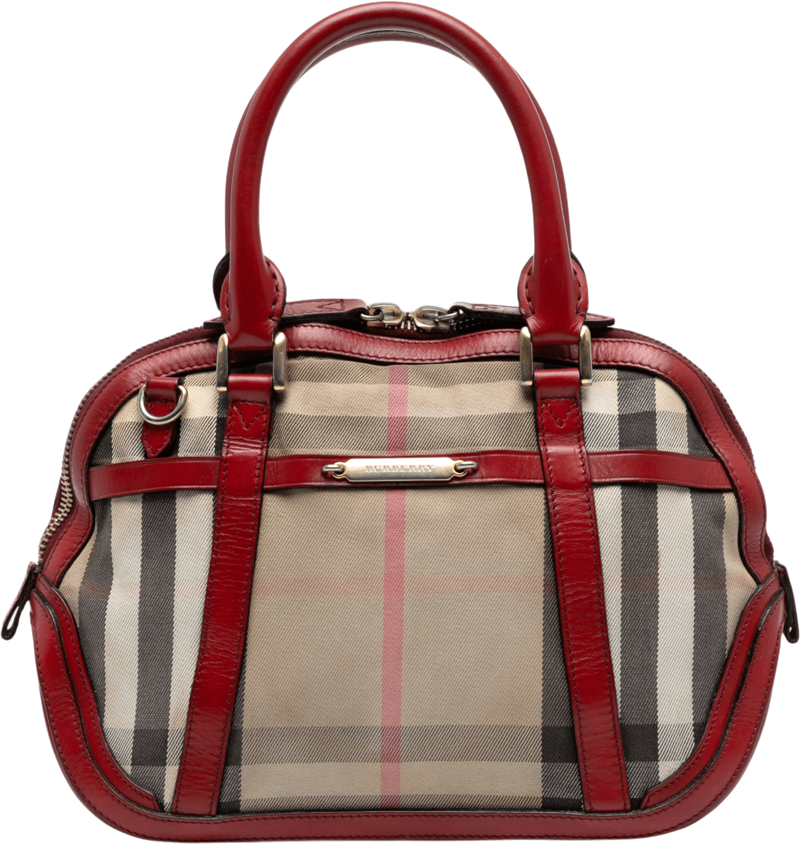 Burberry Small Leather Trimmed House Check Canvas Bridle Orchard Satchel, från Luxclusif, i färgen light brown.