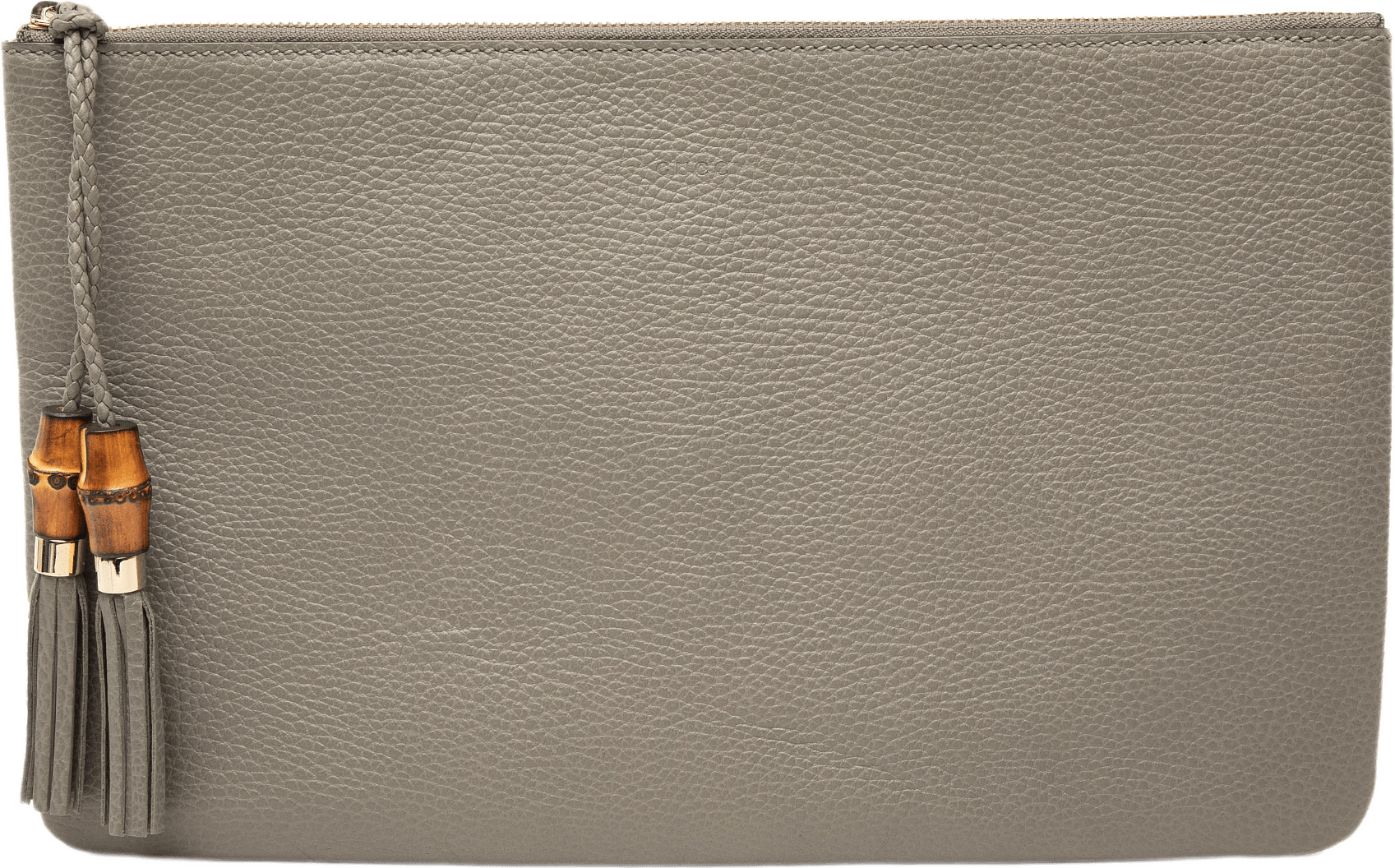 Gucci Calfskin Bamboo Tassel Clutch, från Luxclusif, i färgen grå.
