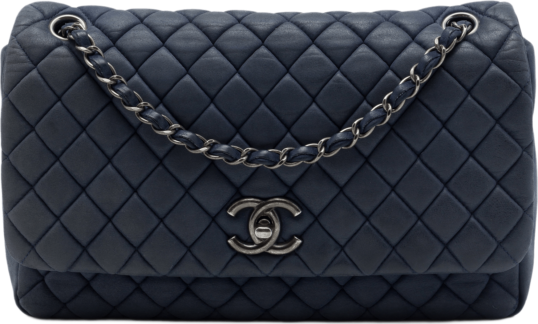 Chanel Large Quilted Iridescent Calfskin New Bubble Flap, från Luxclusif, i färgen blå.