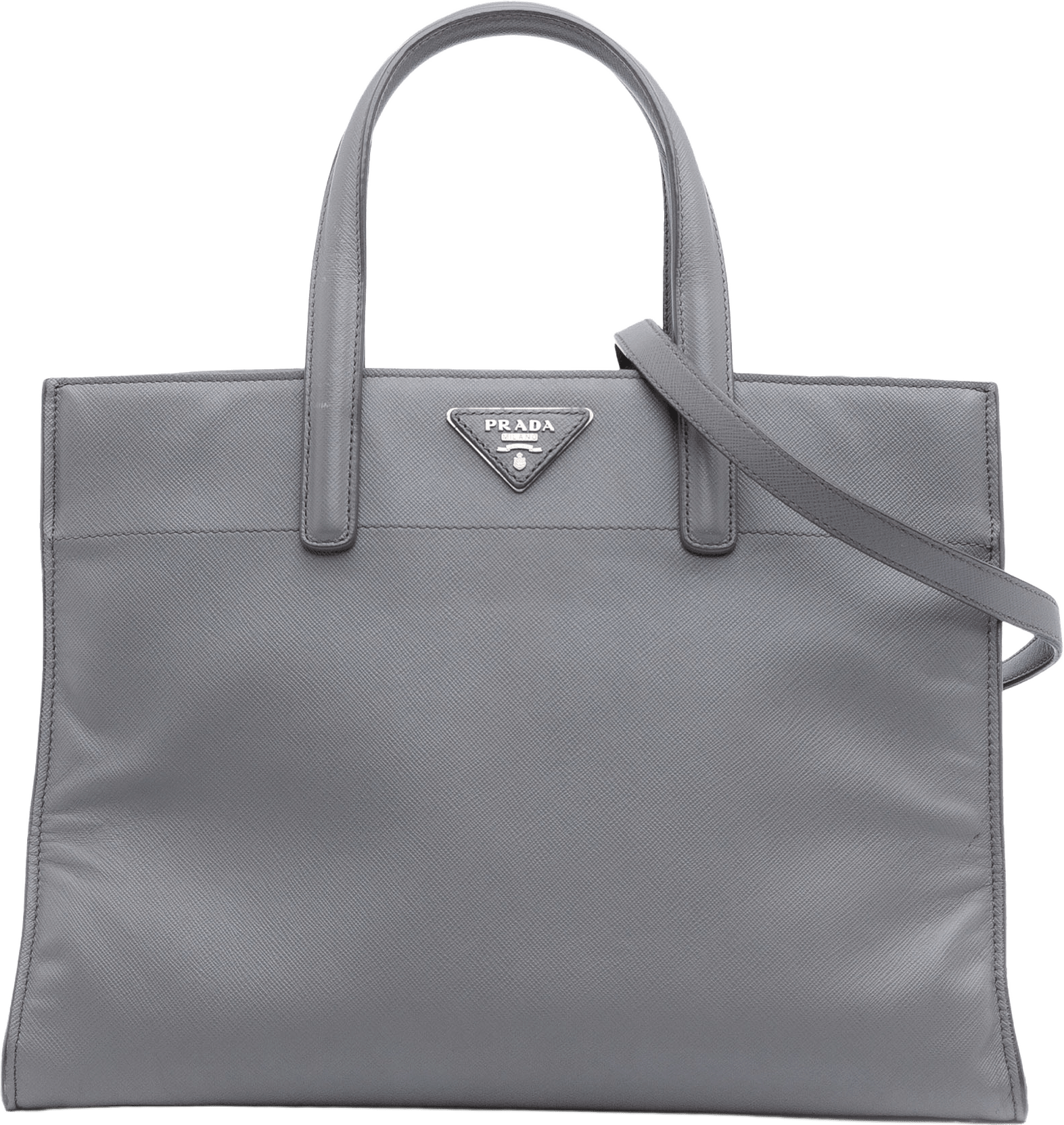 Prada Saffiano Soft Triple Pocket Tote, från Luxclusif, i färgen gray.