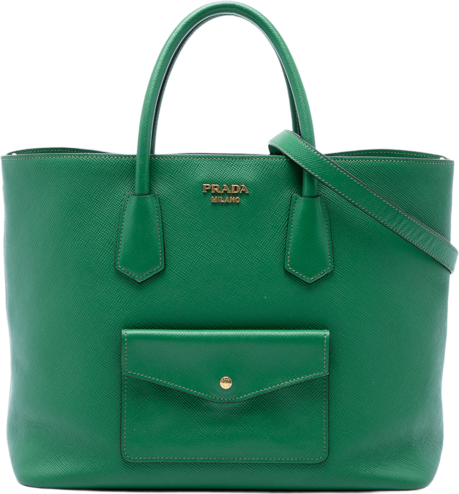 Prada Saffiano Cuir Front Pocket Convertible Tote, från Luxclusif, i färgen grön.