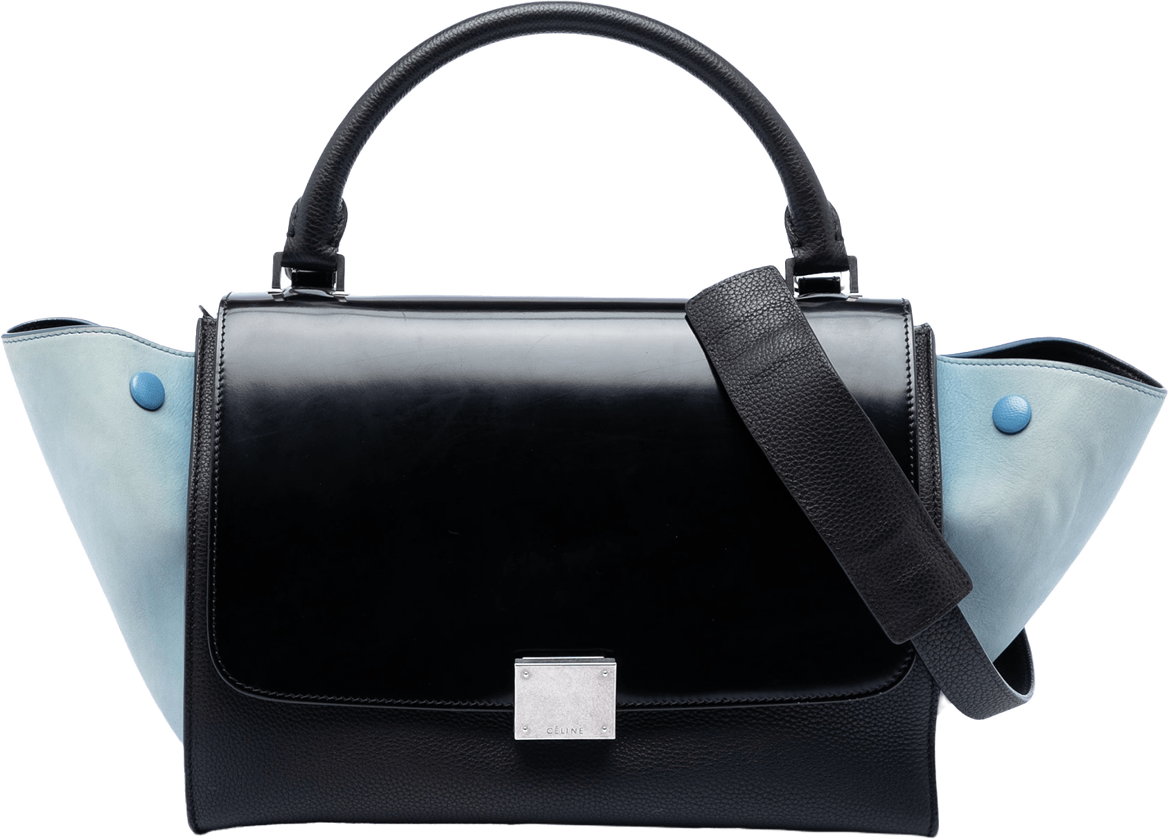 Celine Small Bicolor Leather Trapeze Satchel, från Luxclusif, i färgen black.