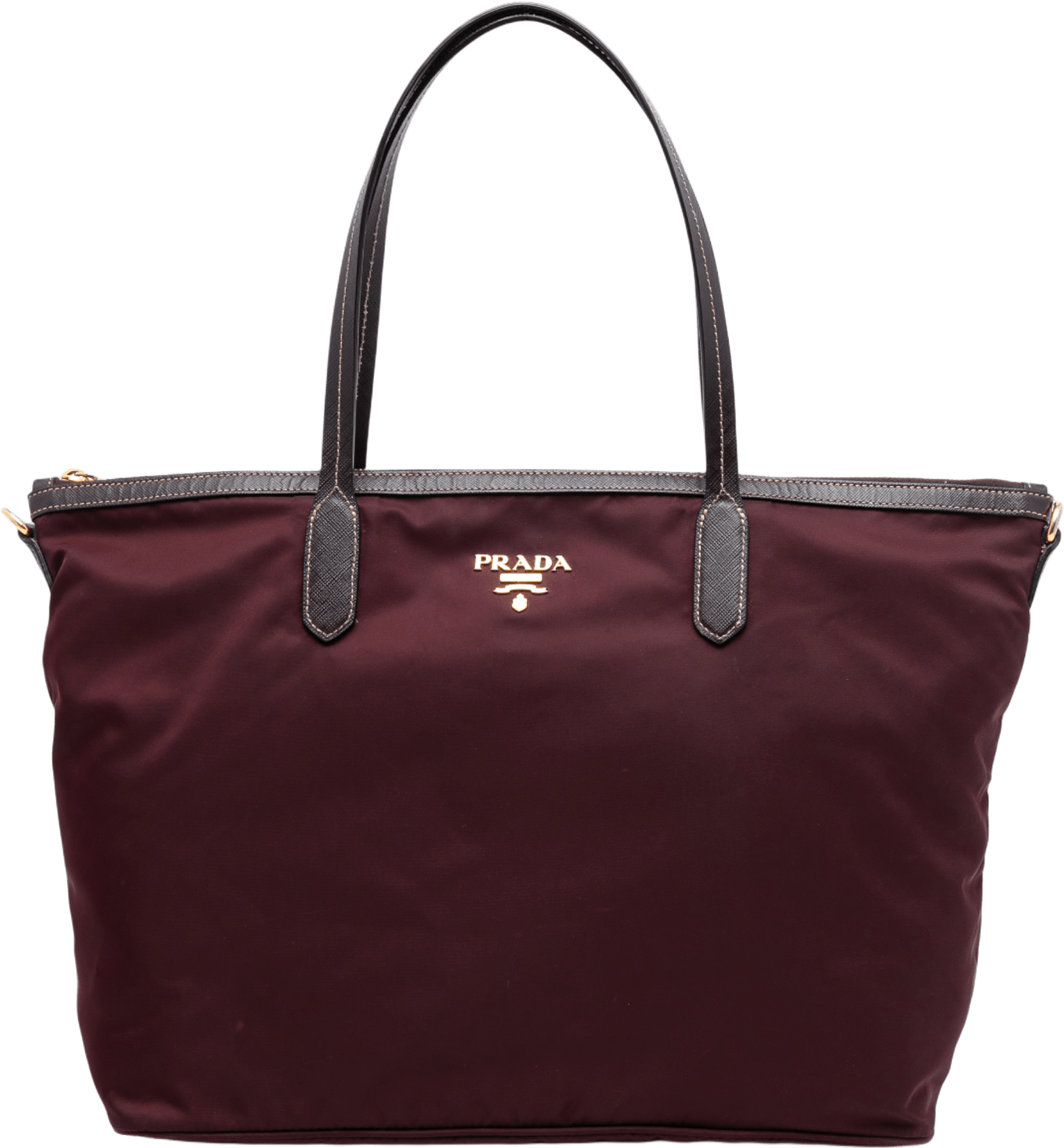 Prada Saffiano Trimmed Tessuto Satchel, från Luxclusif, i färgen burgundy.