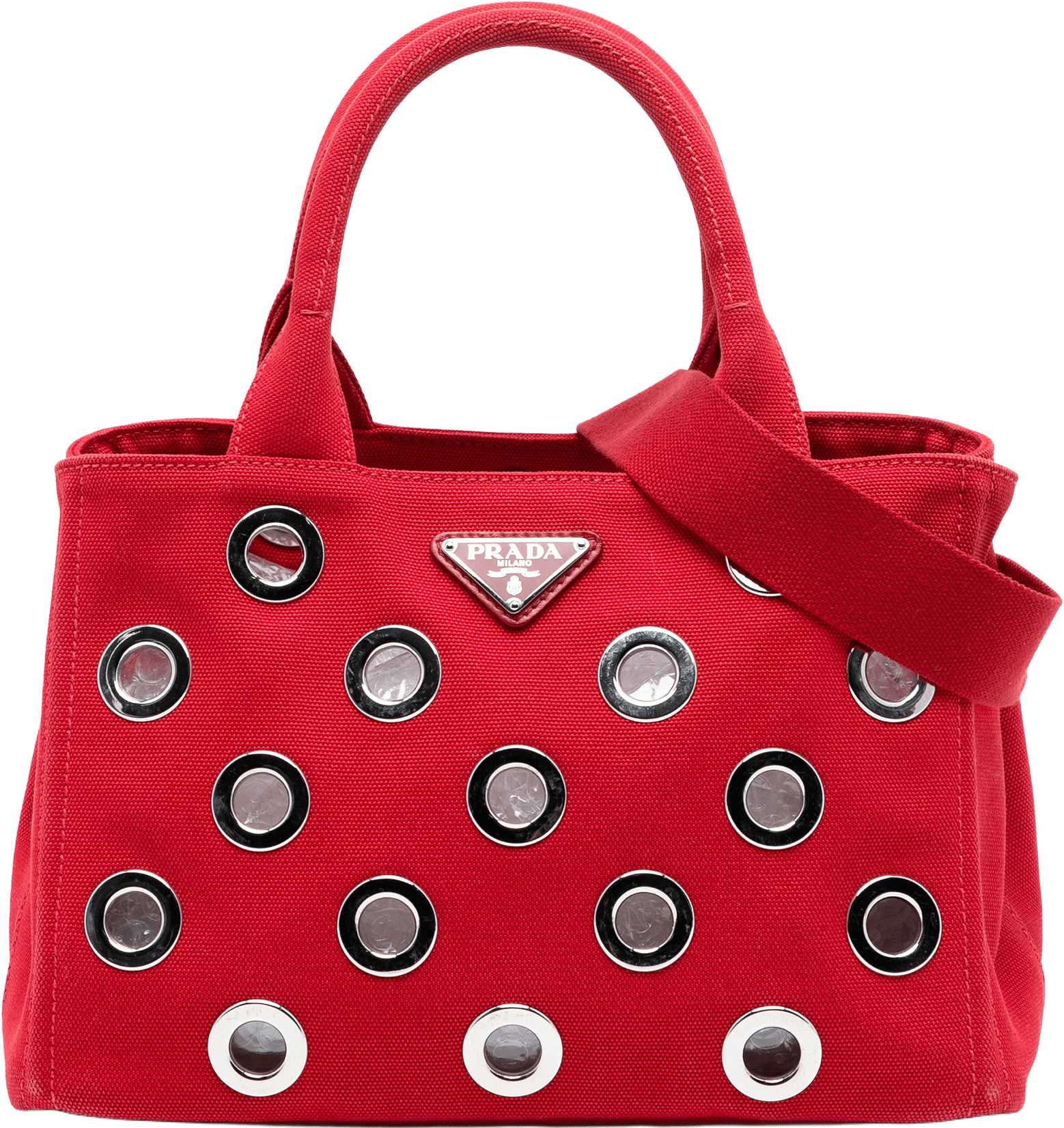 Prada Small Canvas Canapa Grommet Satchel, från Luxclusif, i färgen red.