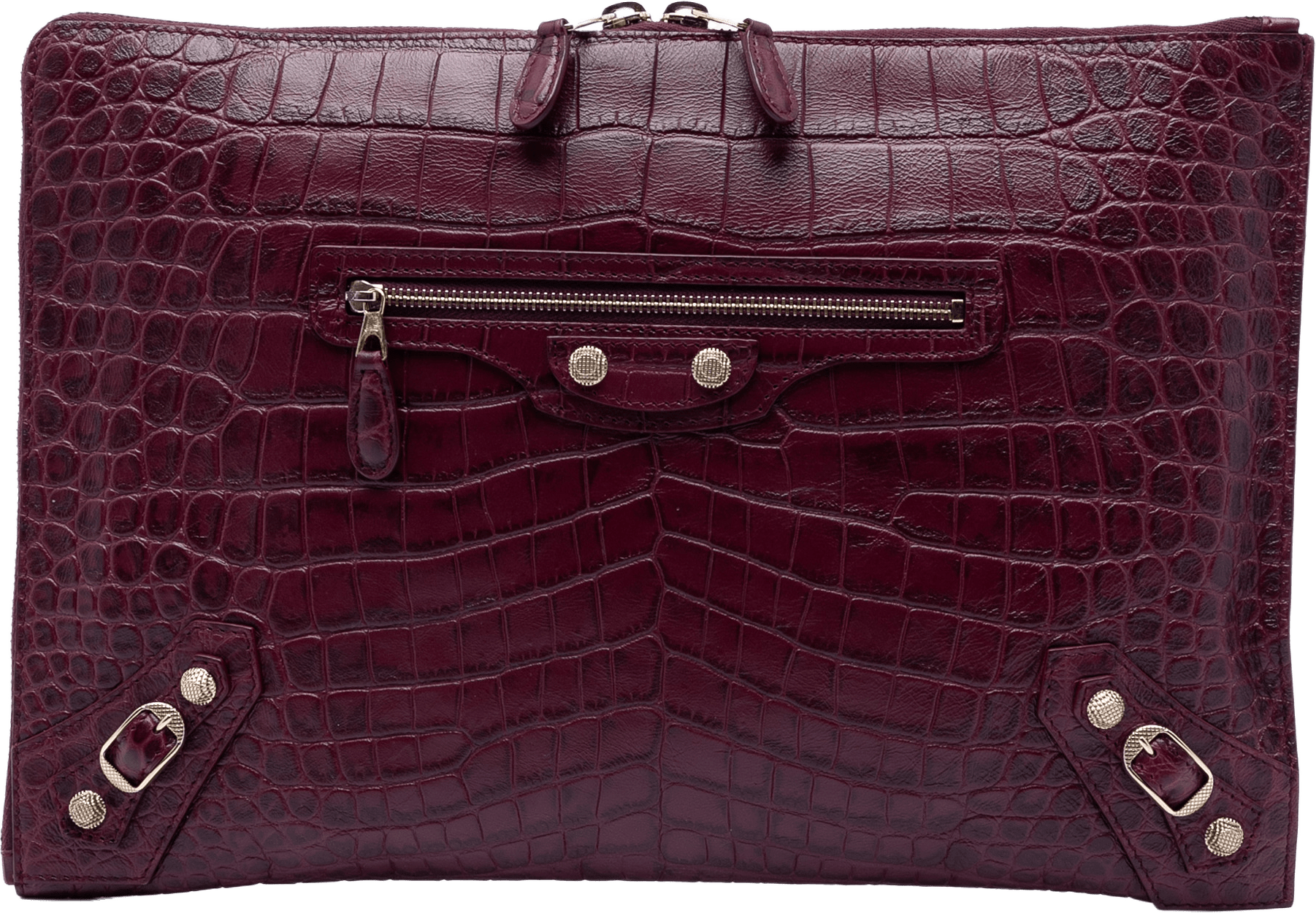 Balenciaga Croc Embossed Calfskin Motocross Giant 12 Zip Around Flat Clutch, från Luxclusif, i färgen burgundy.