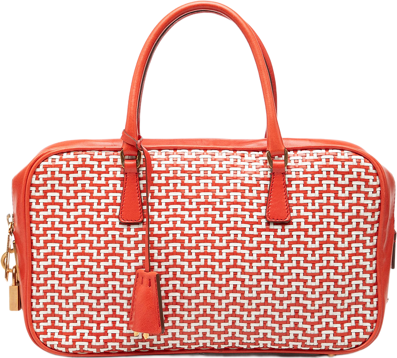 Prada Woven Goatskin Madras Bauletto Handbag, från Luxclusif, i färgen vit.