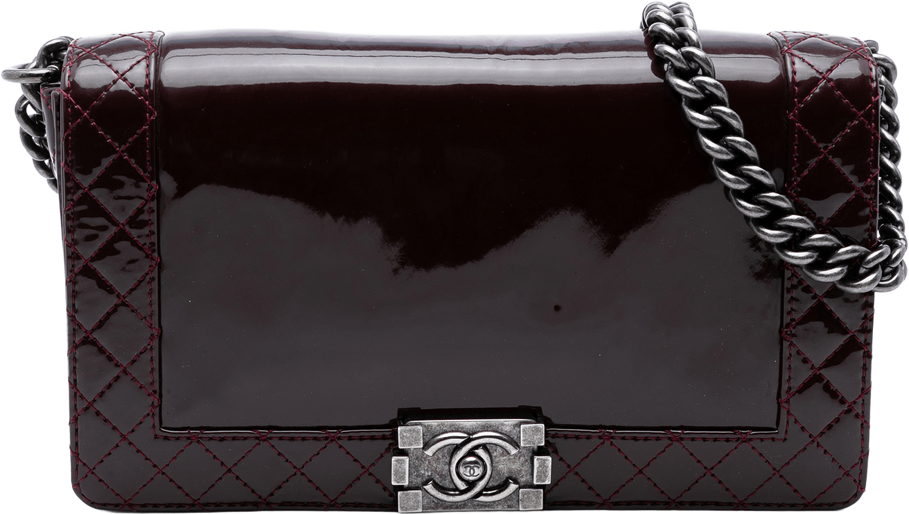 Chanel Medium Patent Boy Reverso Flap, från Luxclusif, i färgen burgundy.