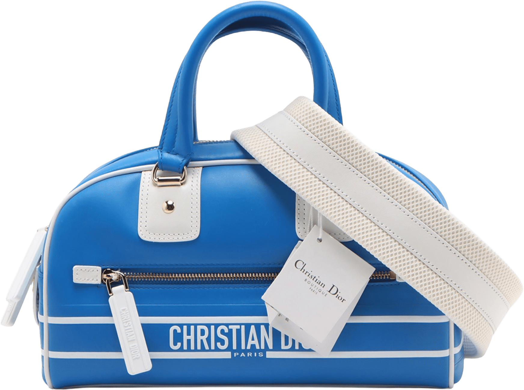 Dior Small Leather Dior Vibe Zip Bowling Bag, från Luxclusif, i färgen blue.