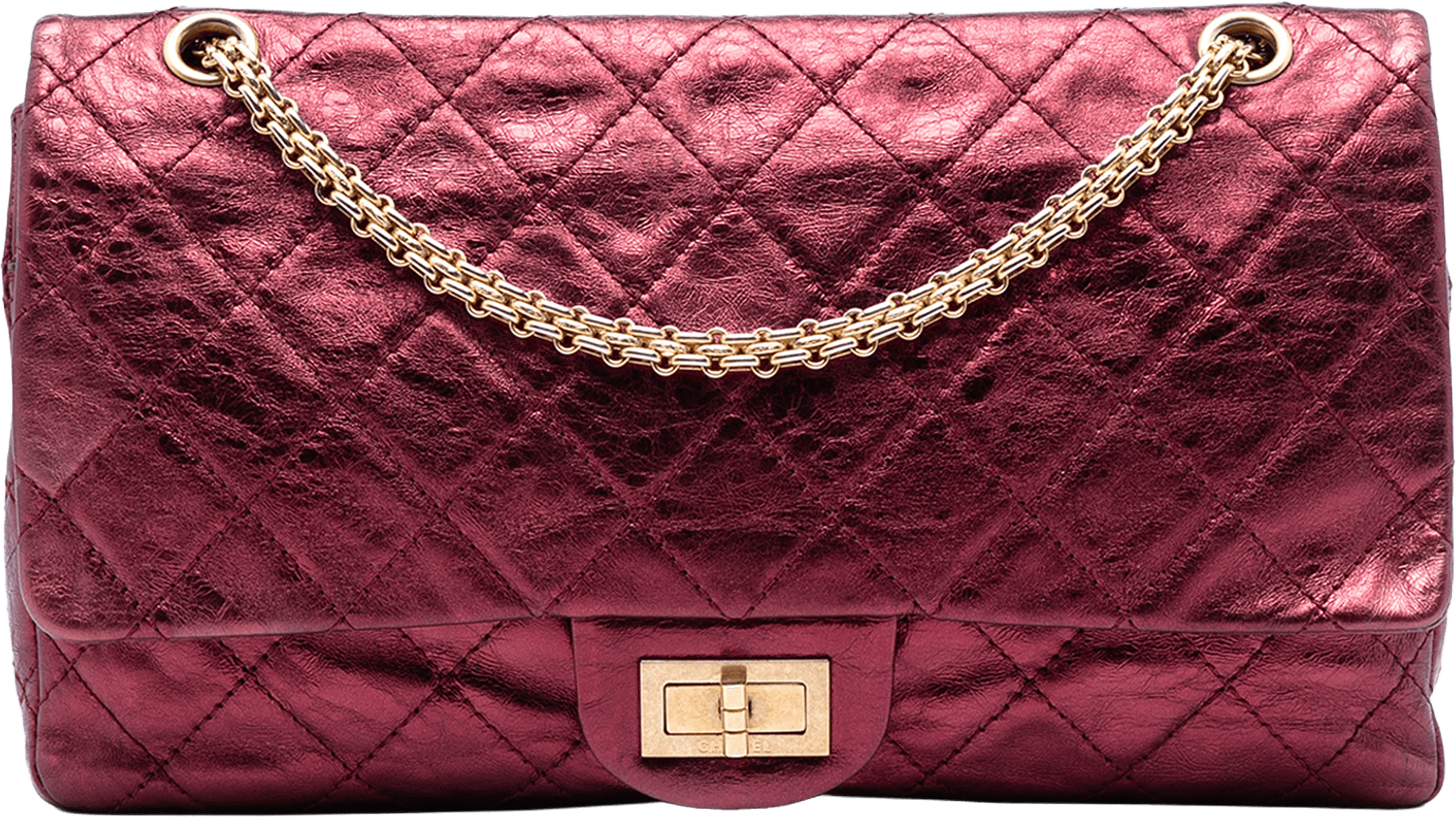 Chanel Quilted Metallic Lambskin Reissue 2.55 Double Flap 227, från Luxclusif, i färgen burgundy.