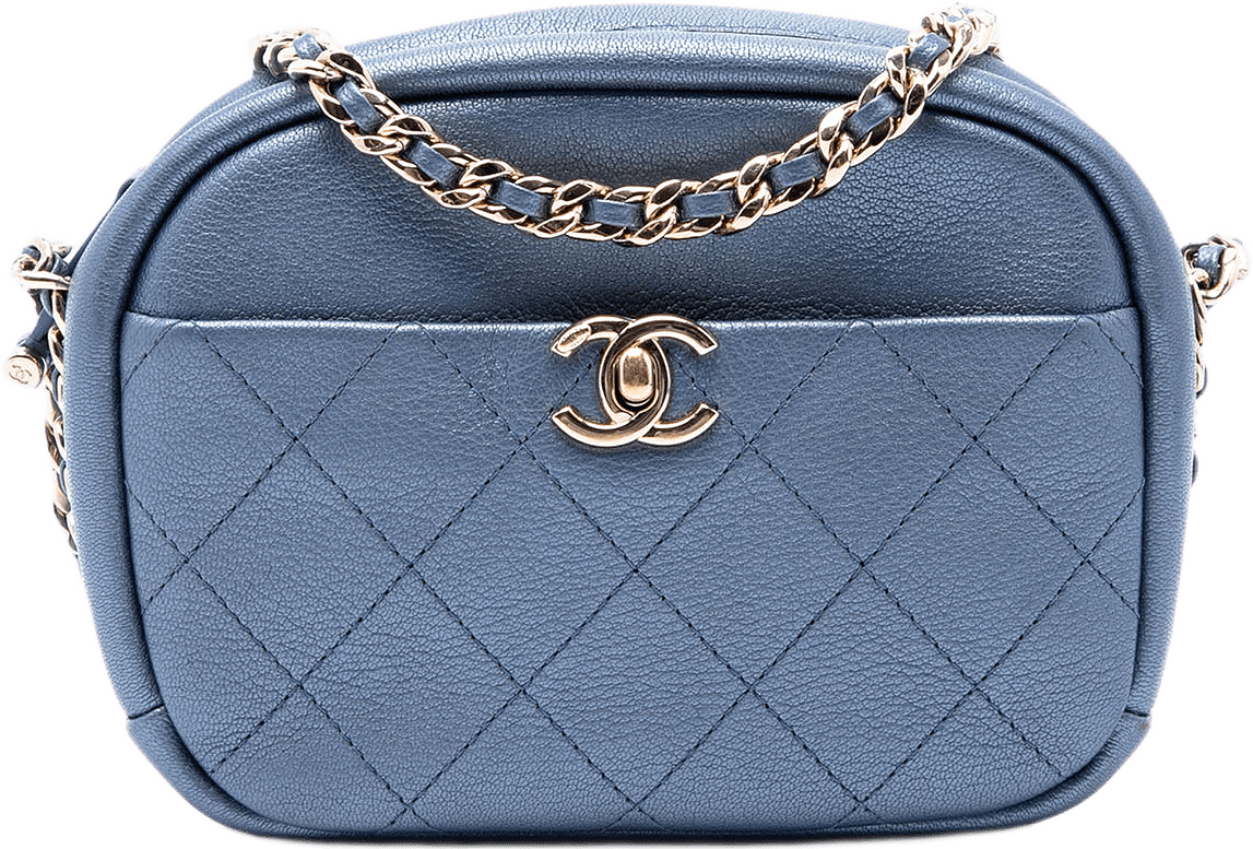 Chanel Small Quilted Metallic Goatskin Casual Trip Camera Bag, från Luxclusif, i färgen blå.