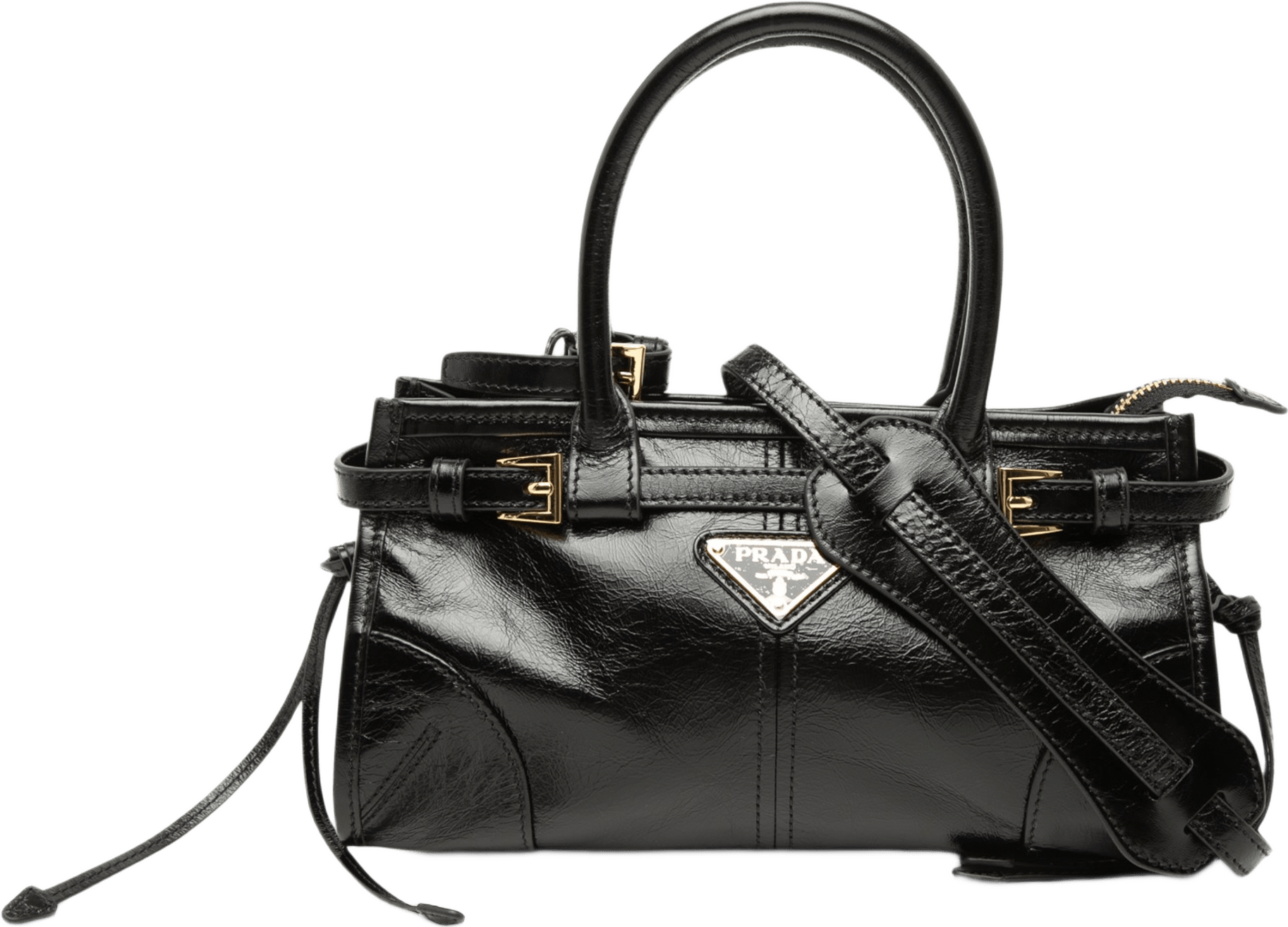 Prada Mini Glossy Calfskin Bonnie Handbag, från Luxclusif, i färgen svart.