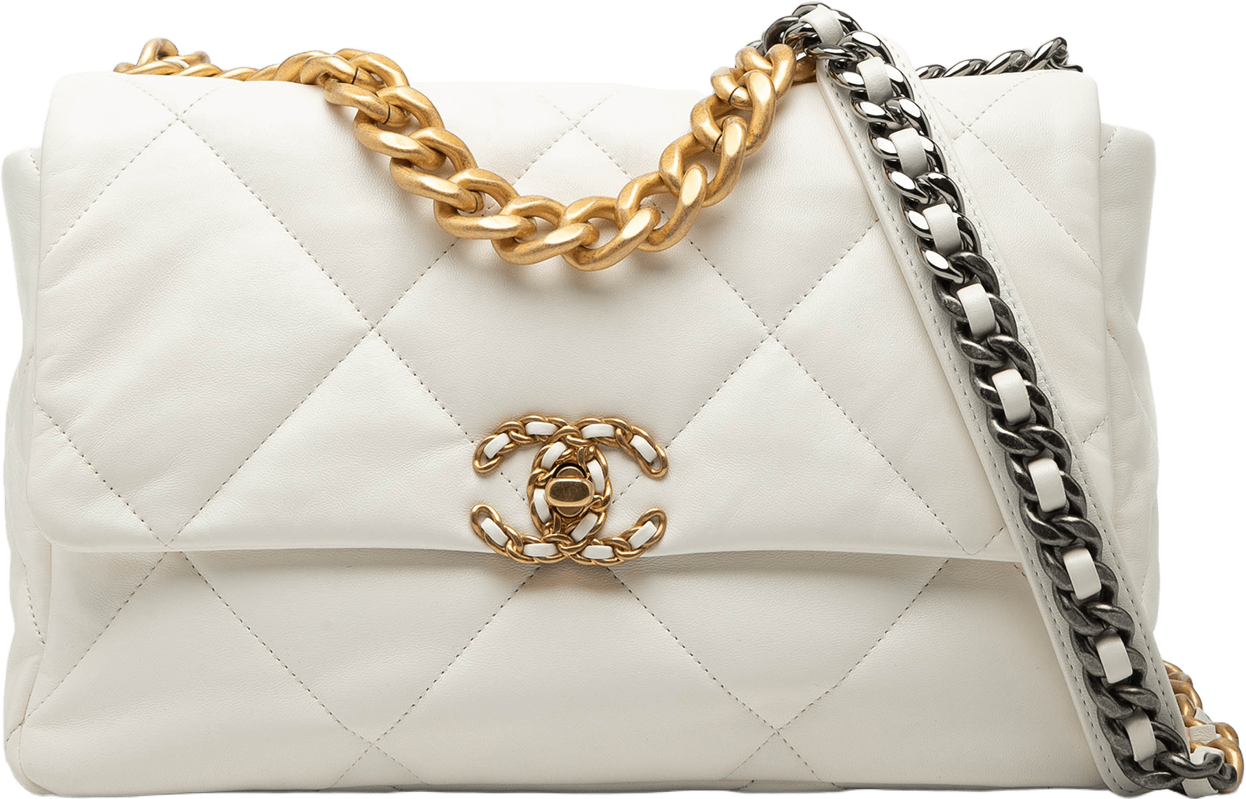 Chanel Large Lambskin 19 Flap, från Luxclusif, i färgen white.
