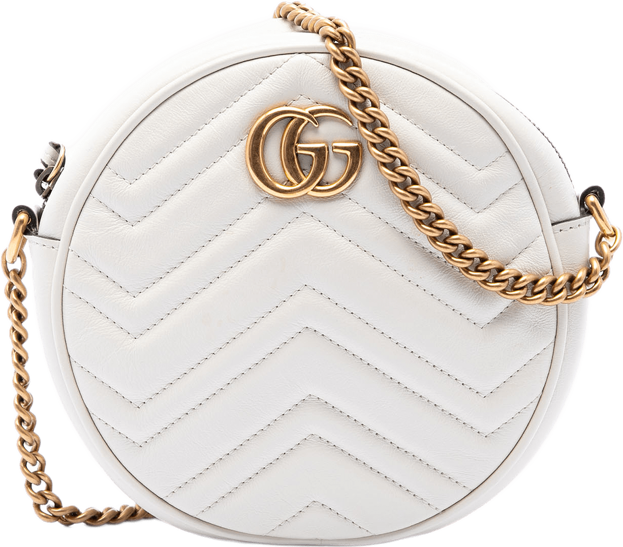 Gucci Mini Gg Marmont Matelasse Calfskin Round Crossbody, från Luxclusif, i färgen vit.