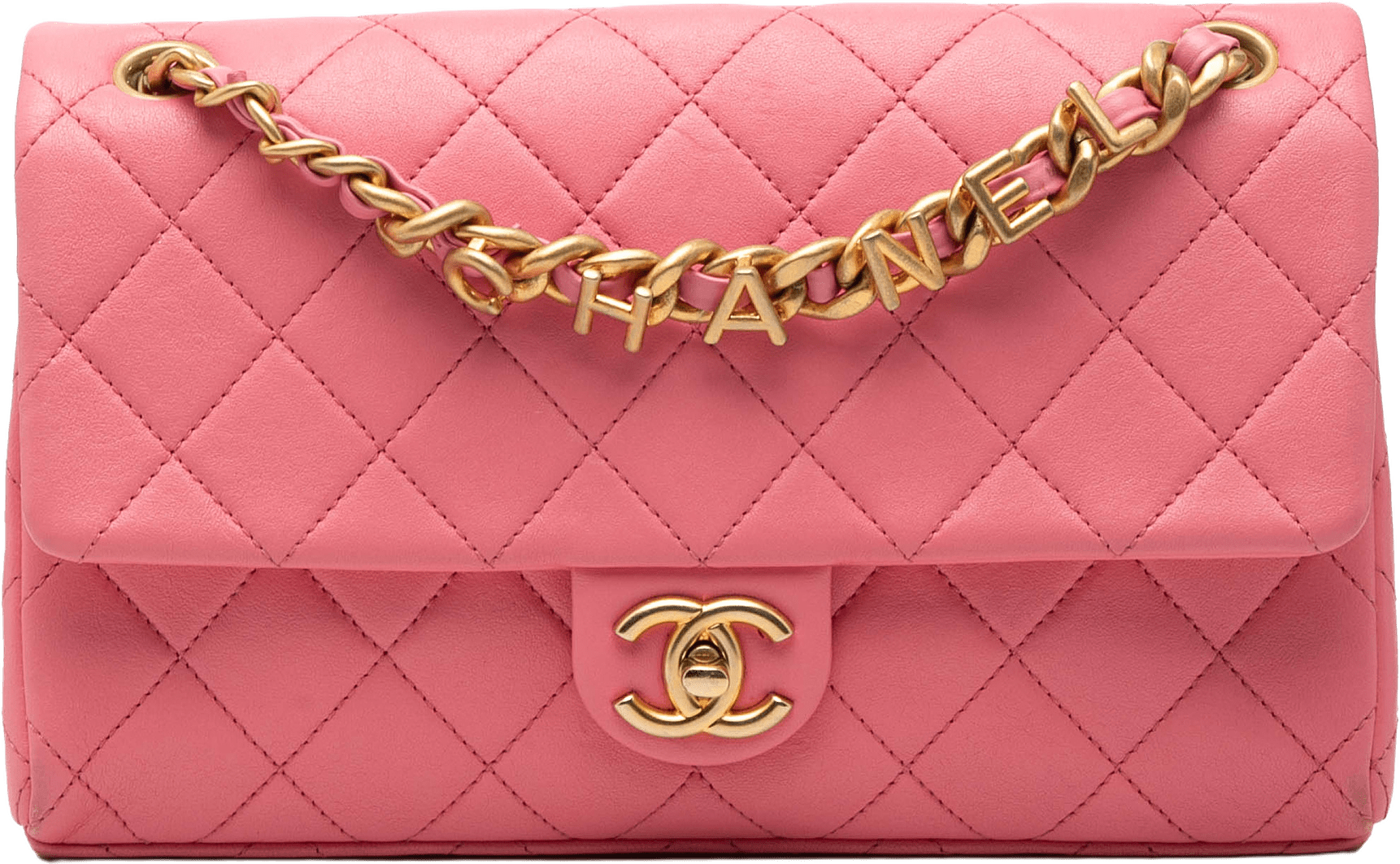 Chanel Medium Quilted Lambskin Logo Letters Chanel Touch Chain Flap, från Luxclusif, i färgen pink.