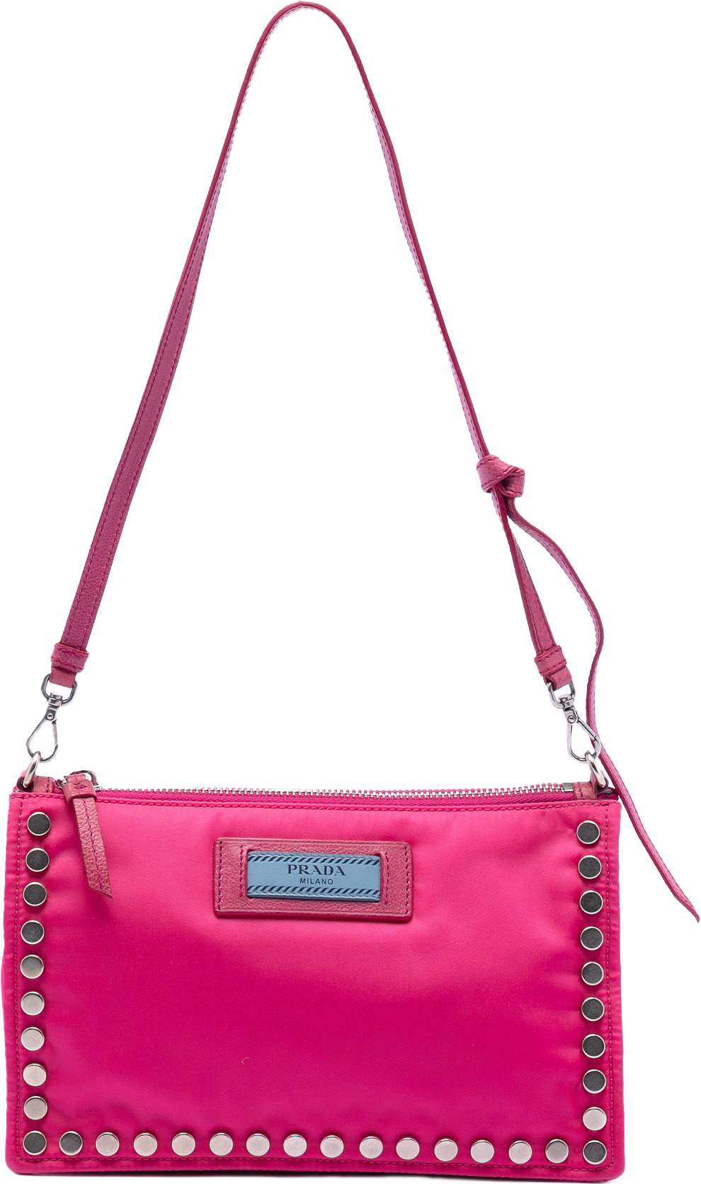 Prada Tessuto Studded Etiquette Shoulder Bag, från Luxclusif, i färgen pink.
