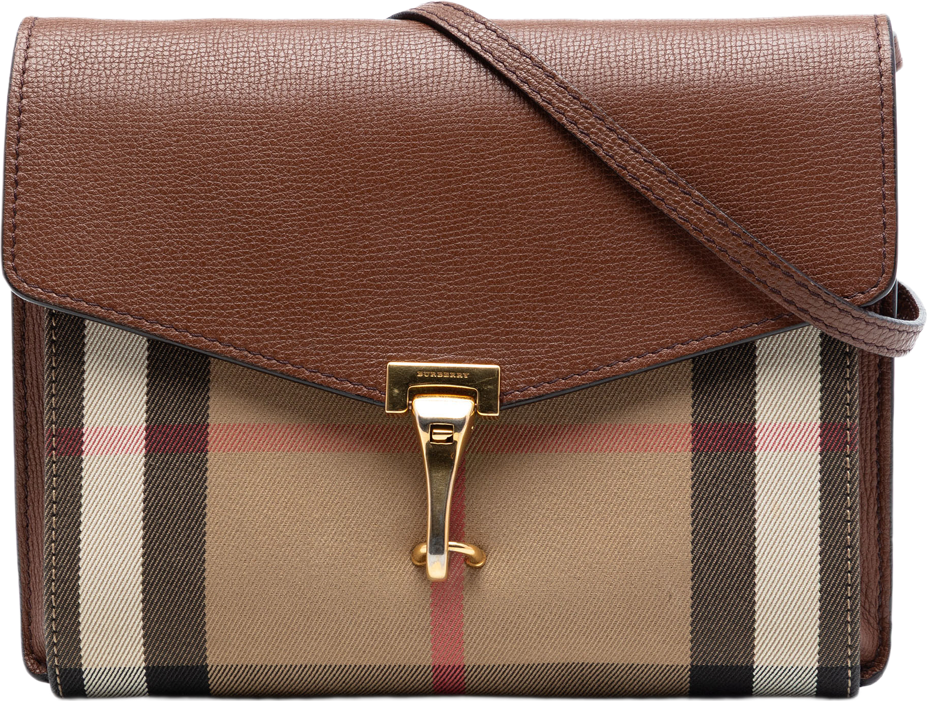 Burberry Small Leather And House Check Canvas Derby Macken Crossbody, från Luxclusif, i färgen brown.