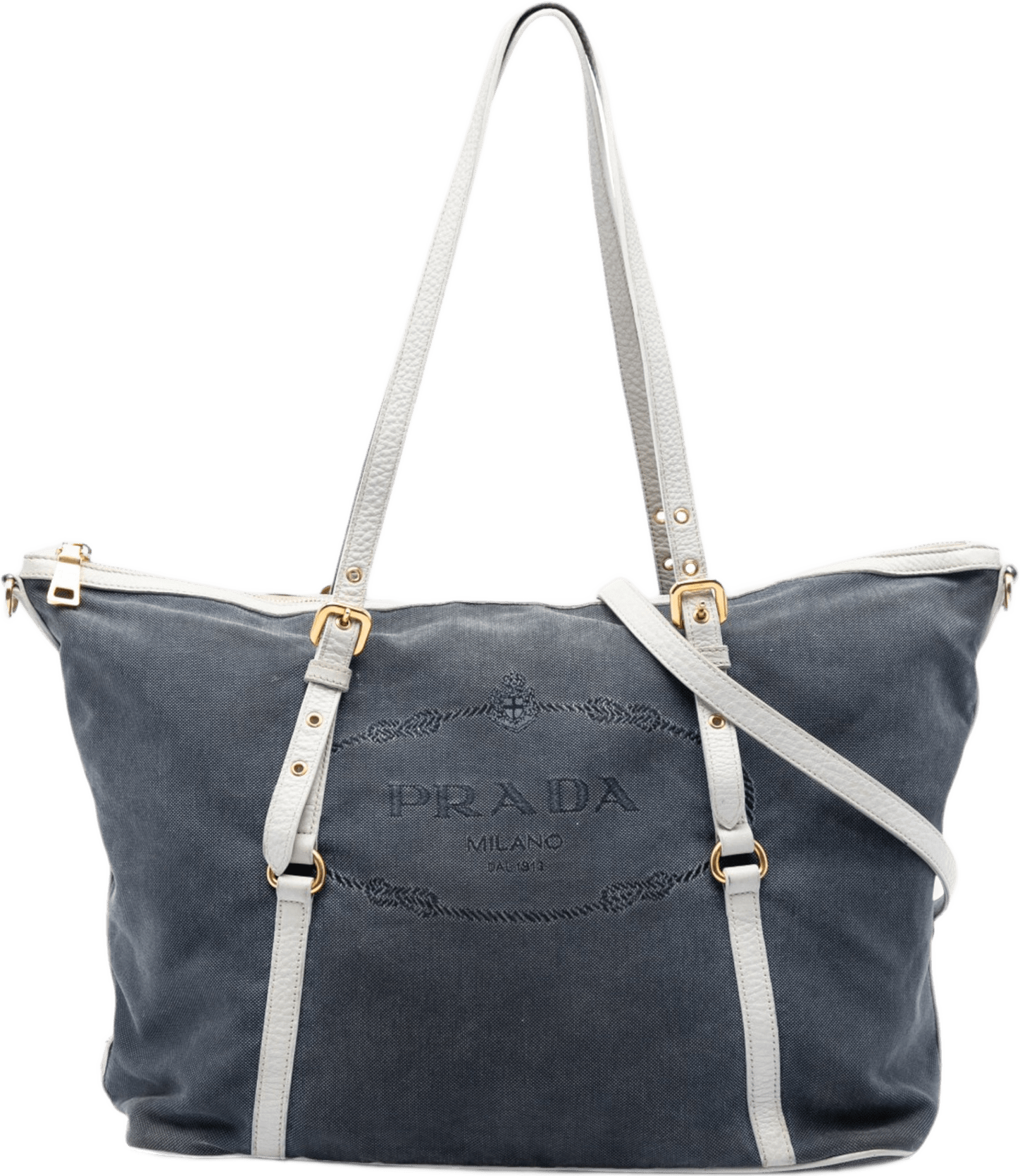 Prada Canvas Canapa Logo Satchel, från Luxclusif, i färgen blå.