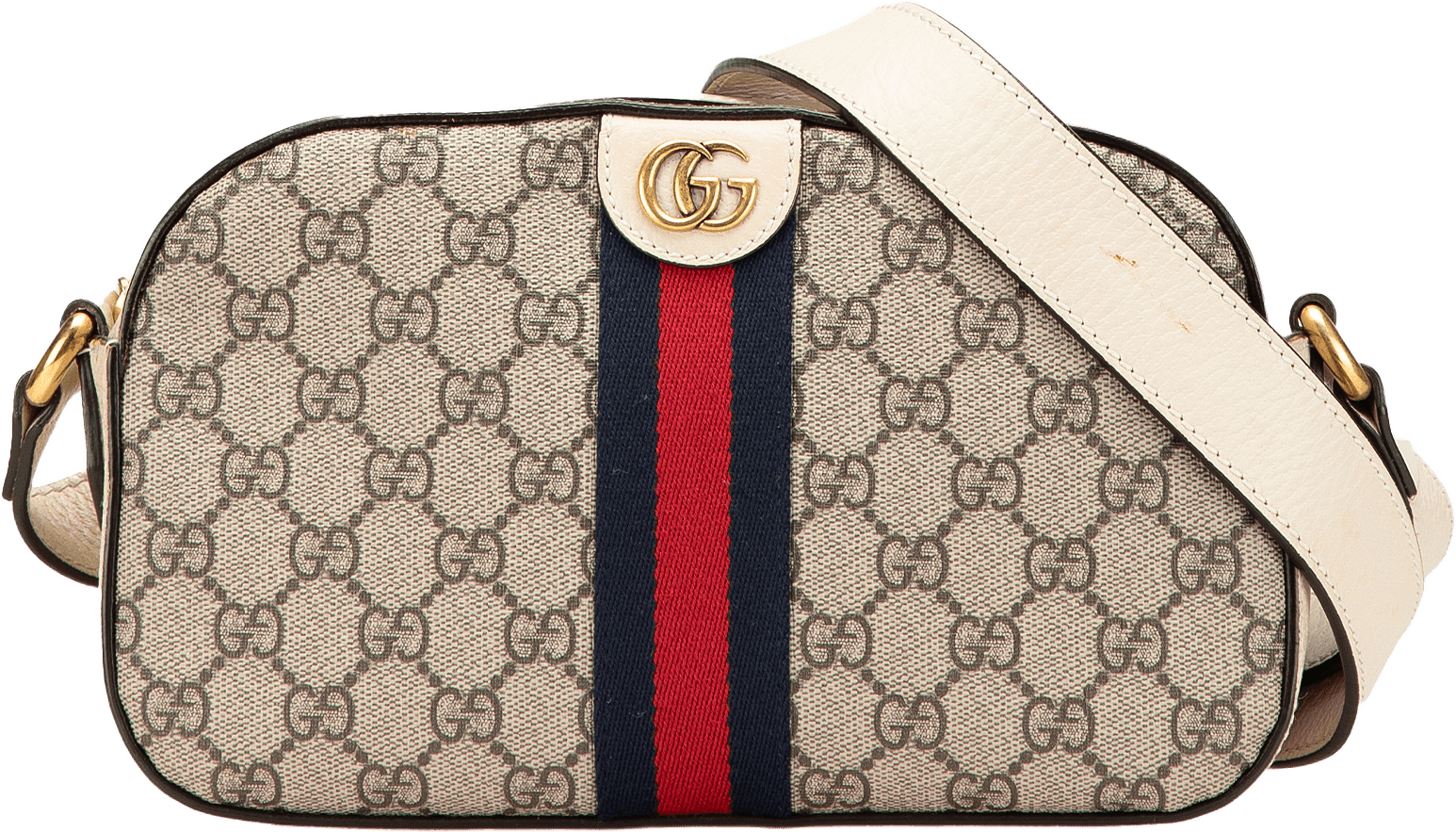 Gucci Small Gg Supreme Textured Calfskin Web Ophidia Camera Bag, från Luxclusif, i färgen beige.