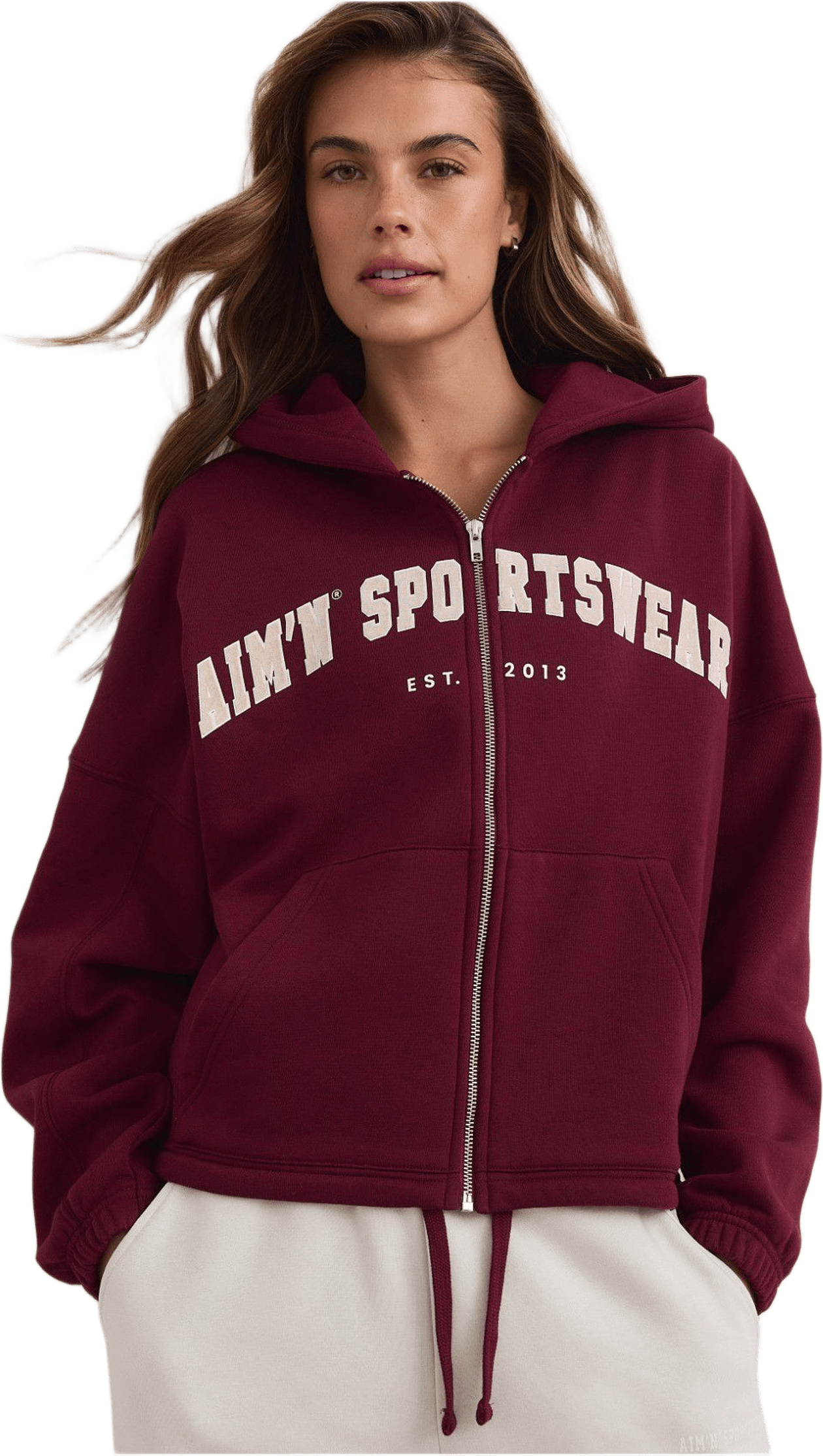 Varsity Sweat Zip Hood, från aim'n, i färgen merlot.