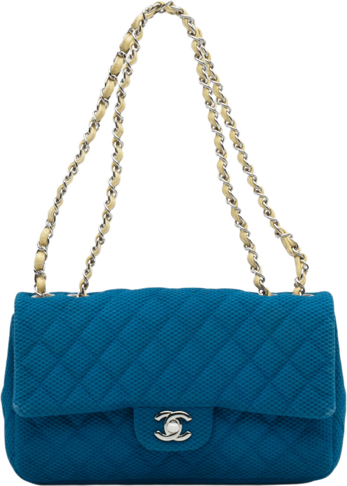 Chanel Medium Quilted Perforated Jersey Single Flap, från Luxclusif, i färgen blå.