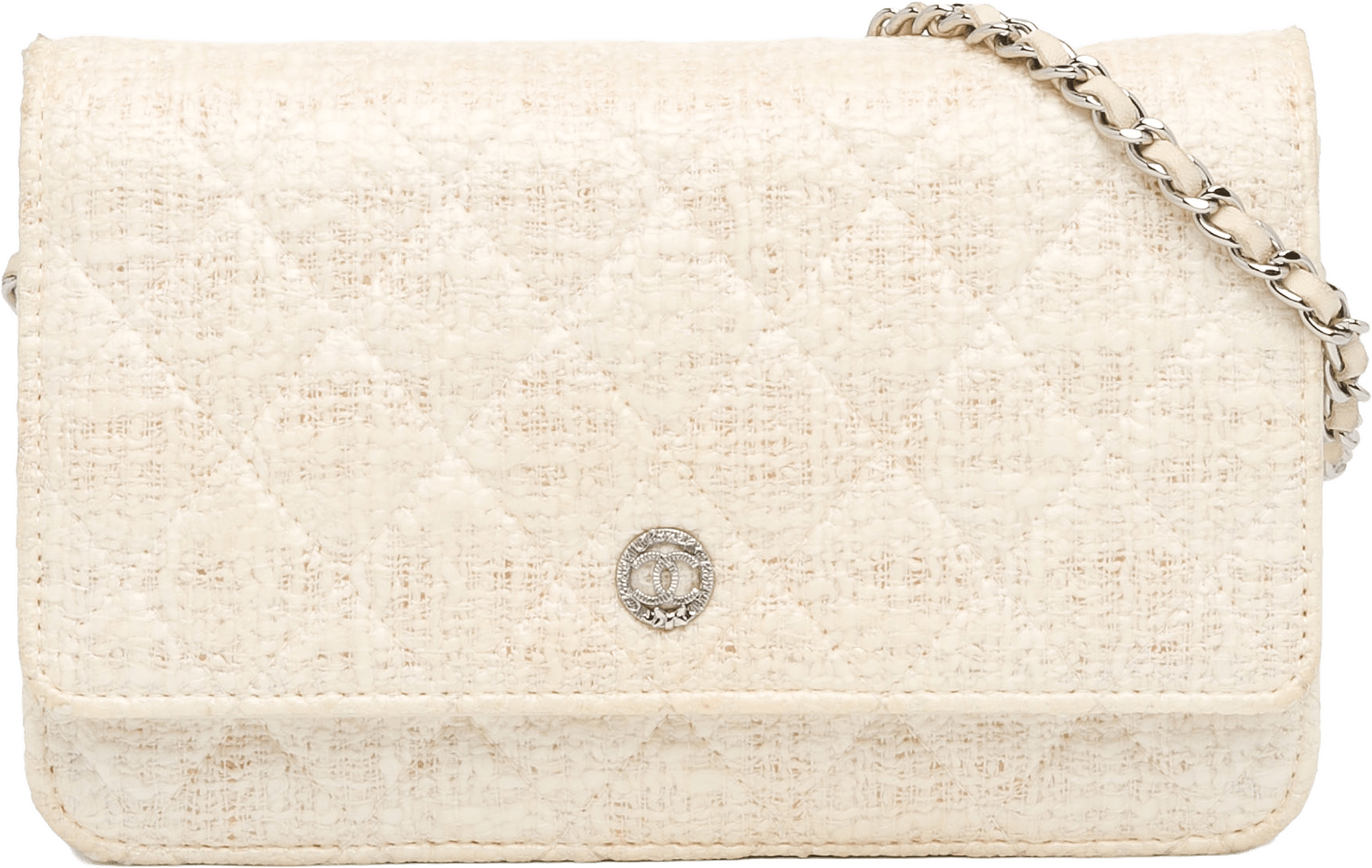 Chanel Cc Coated Tweed Wallet On Chain, från Luxclusif, i färgen beige.