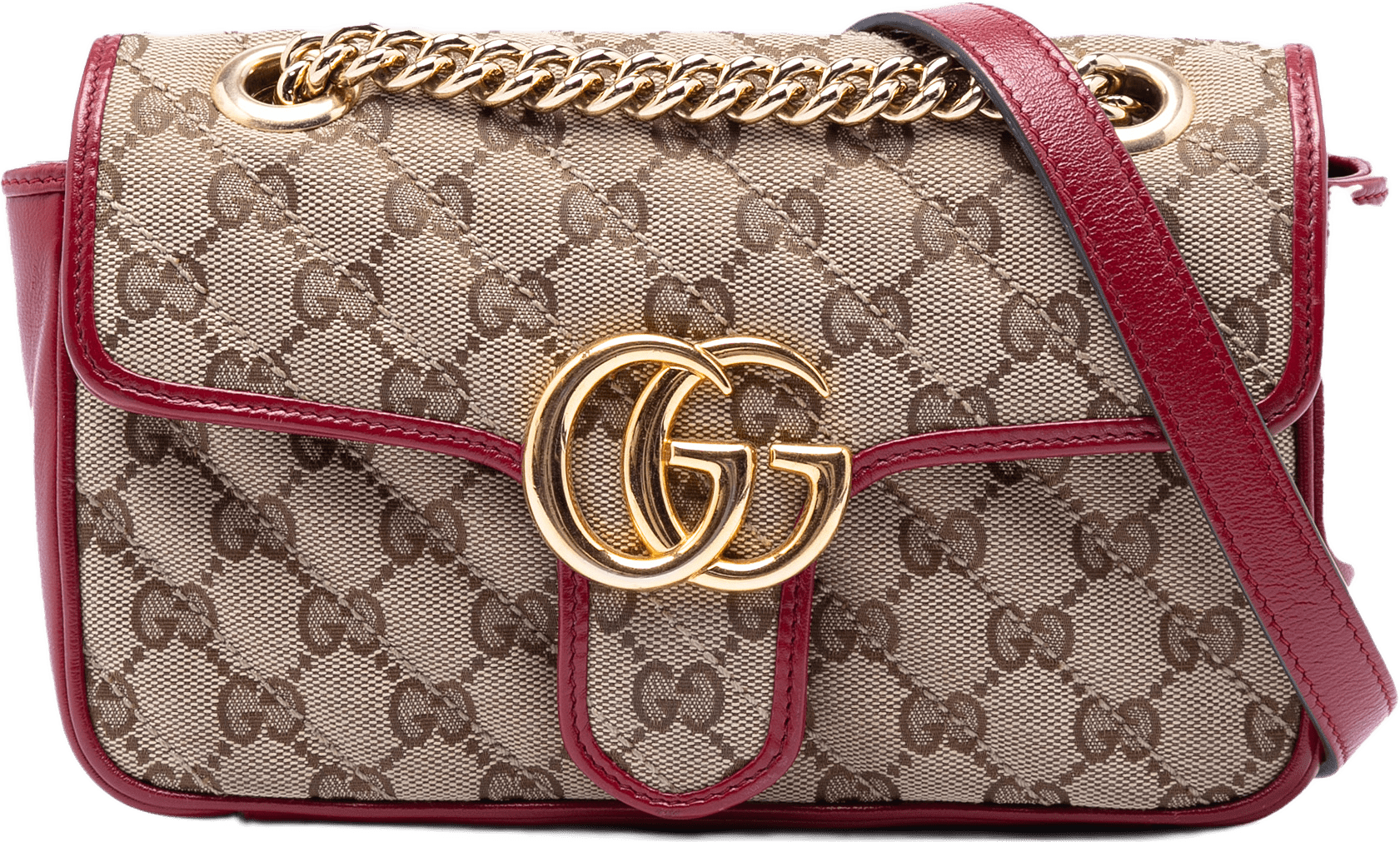 Gucci Small Gg Marmont Matelasse Diagonal Gg Canvas And Leather Shoulder Bag, från Luxclusif, i färgen beige.