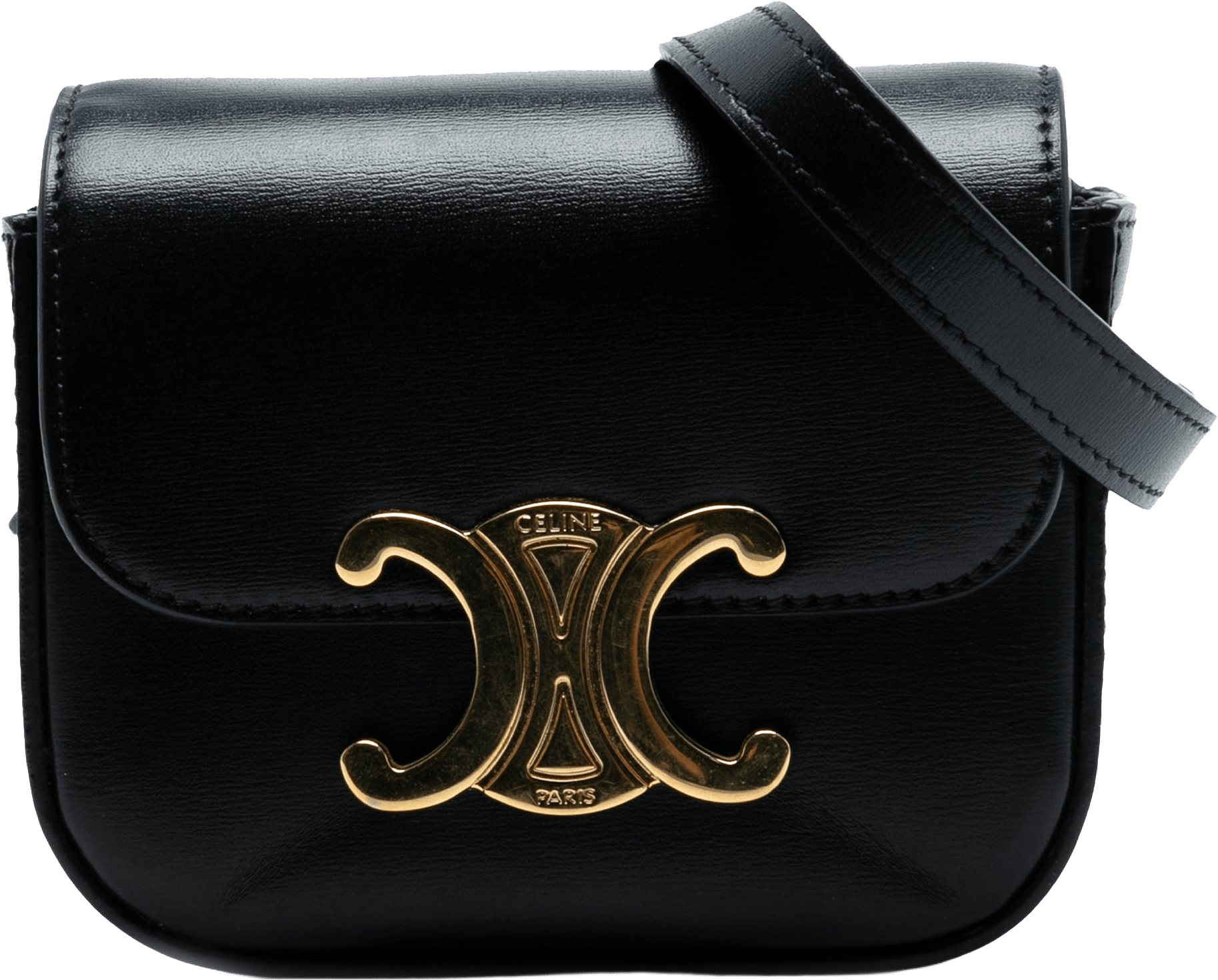 Celine Mini Shiny Calfskin Triomphe Crossbody, från Luxclusif, i färgen black.