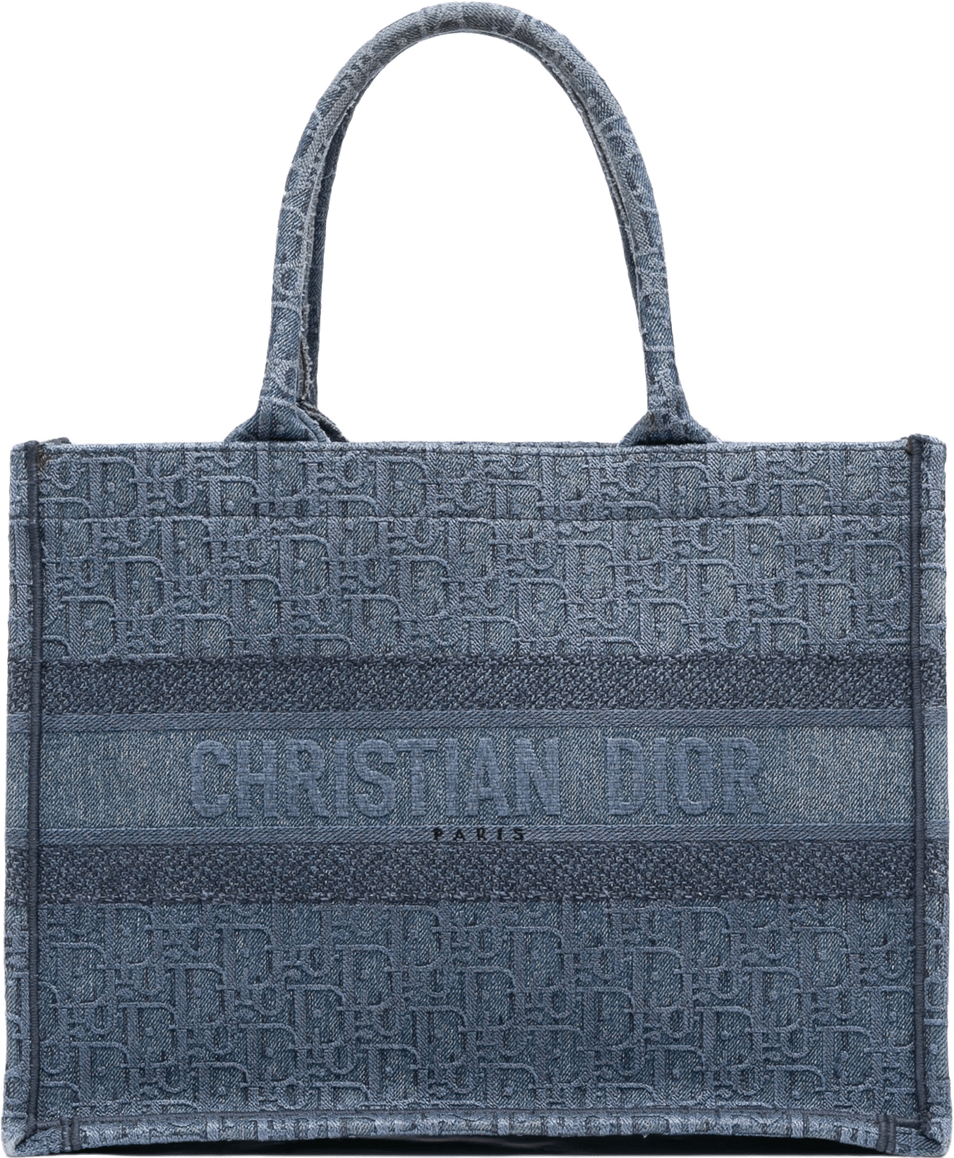 Dior Medium Oblique Denim Book Tote, från Luxclusif, i färgen blue.