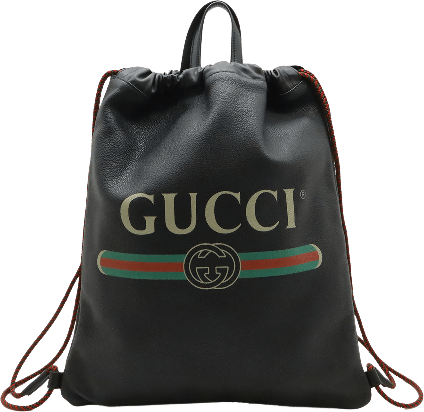 Gucci Grained Calfskin Web Logo Drawstring Backpack, från Luxclusif, i färgen svart.