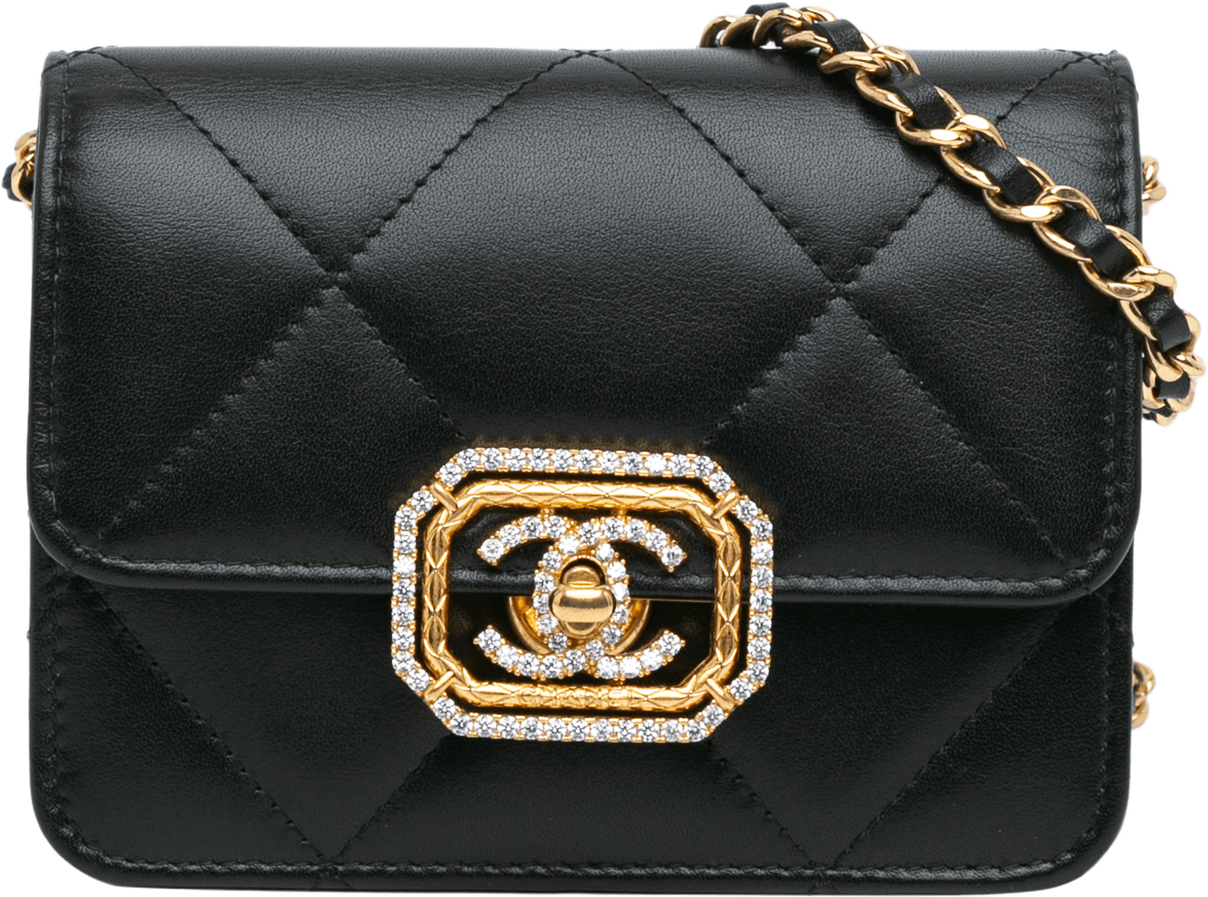 Chanel Quilted Calfskin Strass Card Holder On Chain, från Luxclusif, i färgen black.