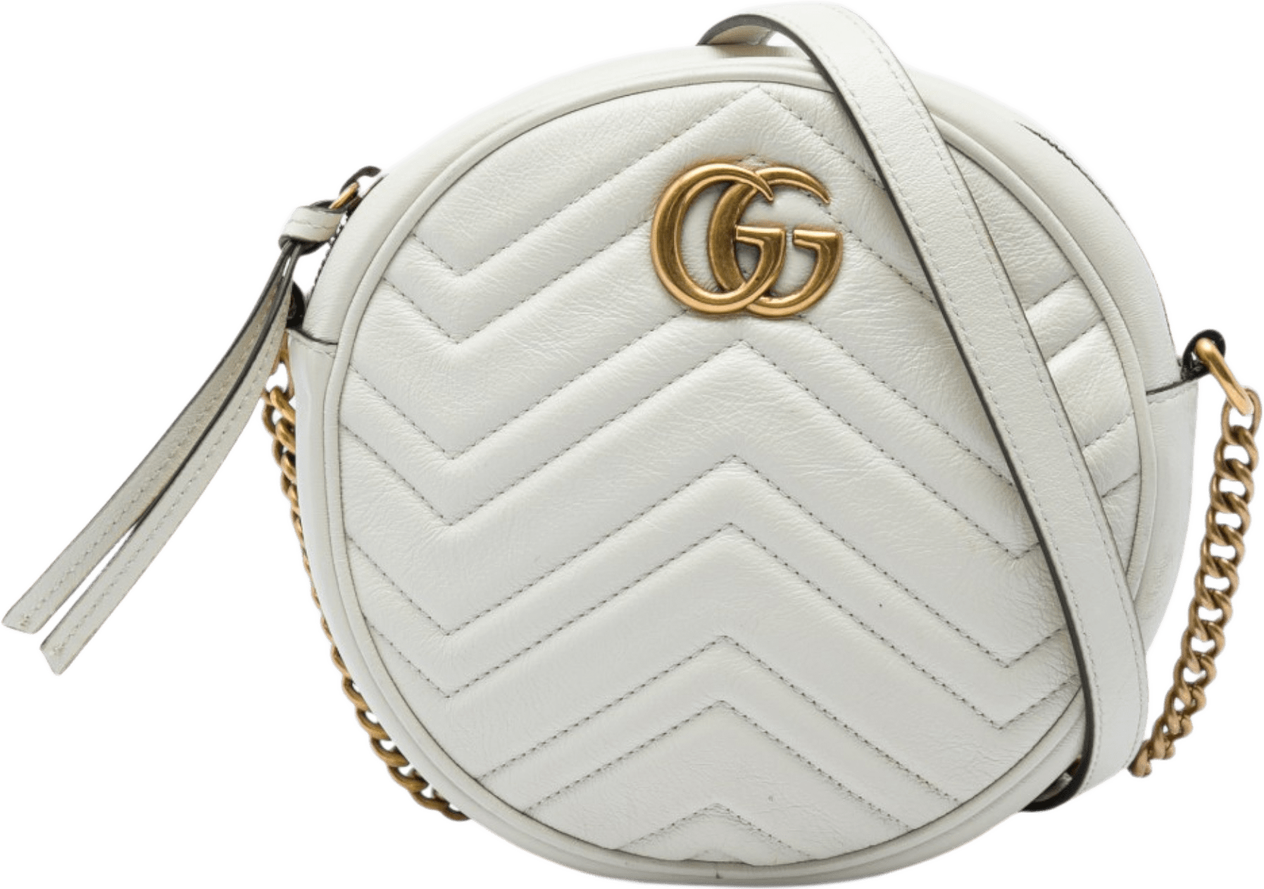 Gucci Mini Gg Marmont Matelasse Calfskin Round Crossbody, från Luxclusif, i färgen vit.