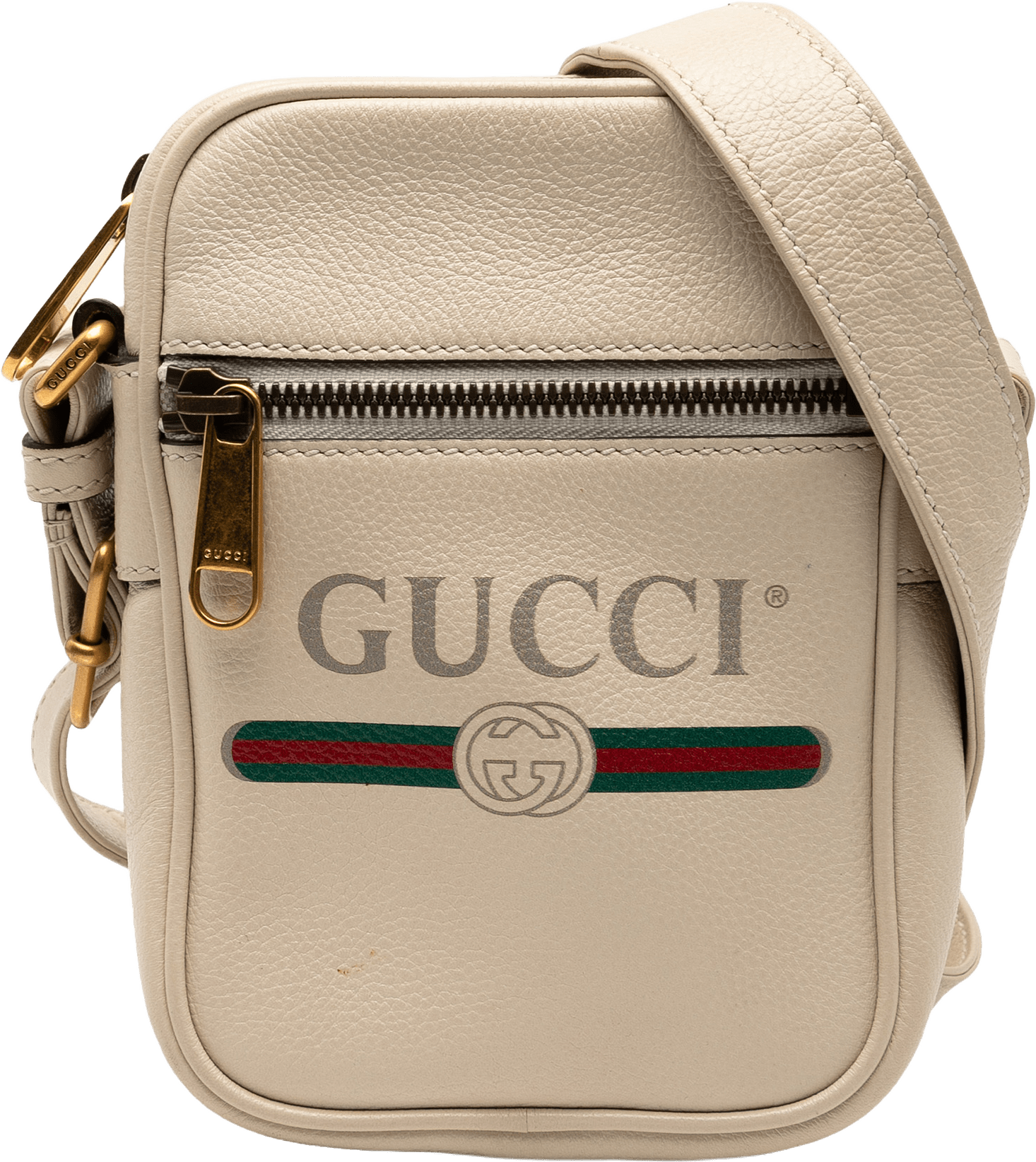 Gucci Mini Grained Calfskin Logo Crossbody, från Luxclusif, i färgen white.