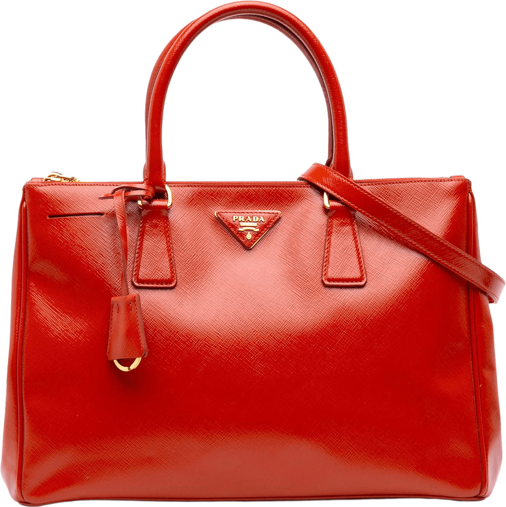 Prada Medium Saffiano Vernice Galleria Double Zip Satchel, från Luxclusif, i färgen red.