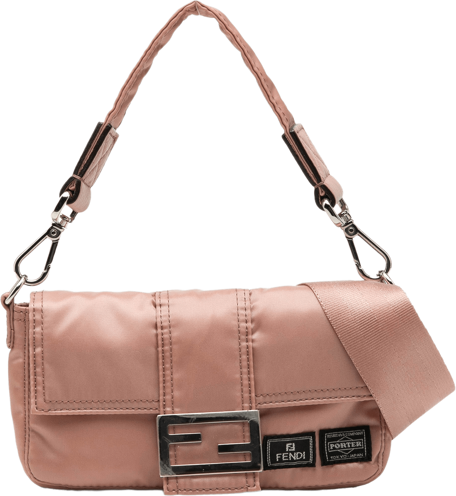 Fendi Porter Yoshida Nylon Baguette Satchel, från Luxclusif, i färgen rose gold.