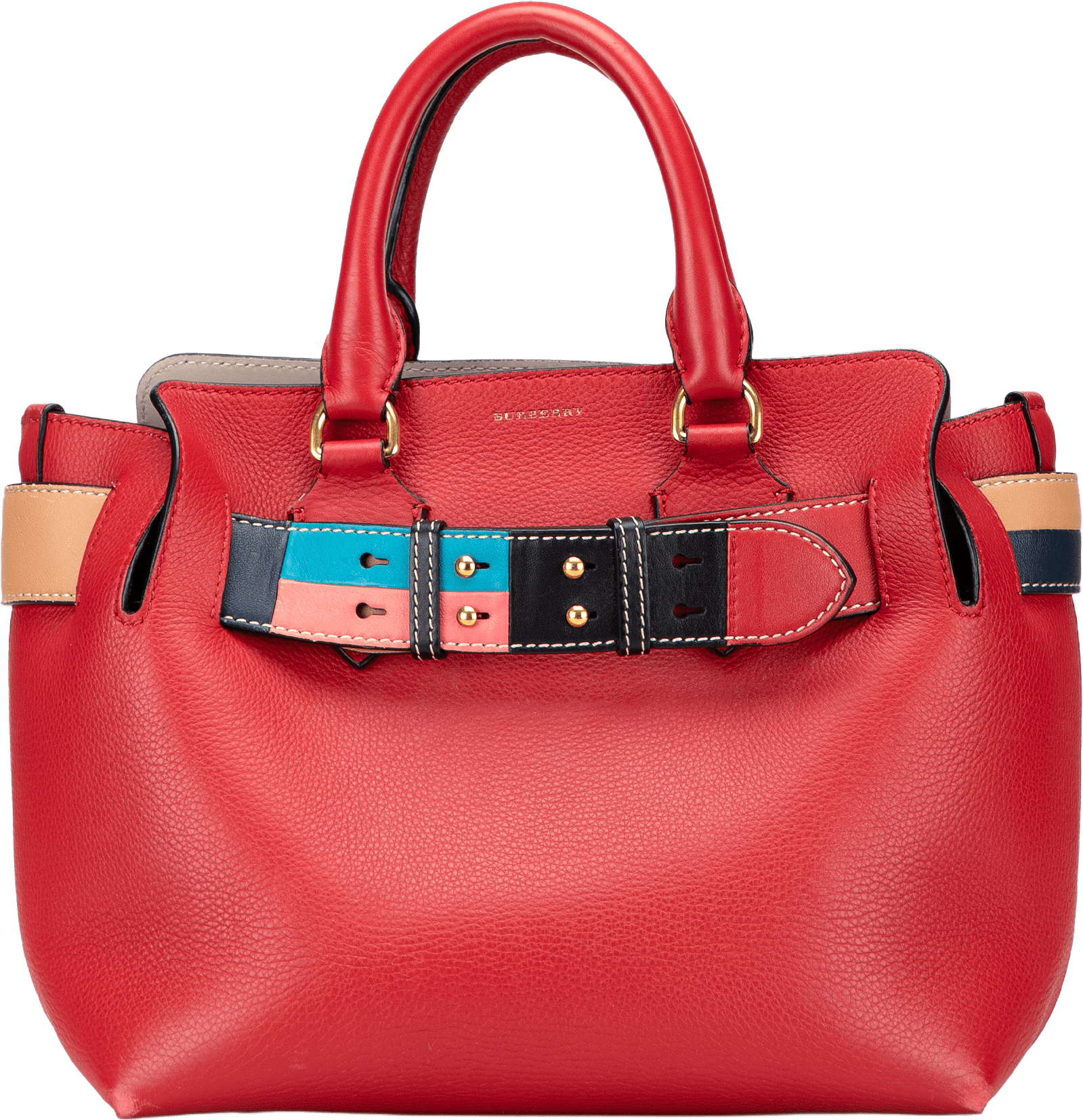 Burberry Small Grained Calfskin Belt Satchel, från Luxclusif, i färgen red.