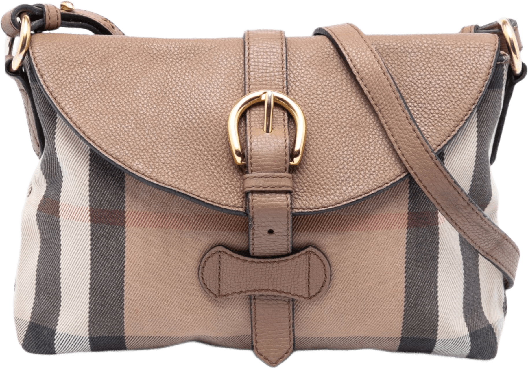Burberry Small House Check Canvas And Leather Horseshoe Milton Crossbody, från Luxclusif, i färgen light brown.