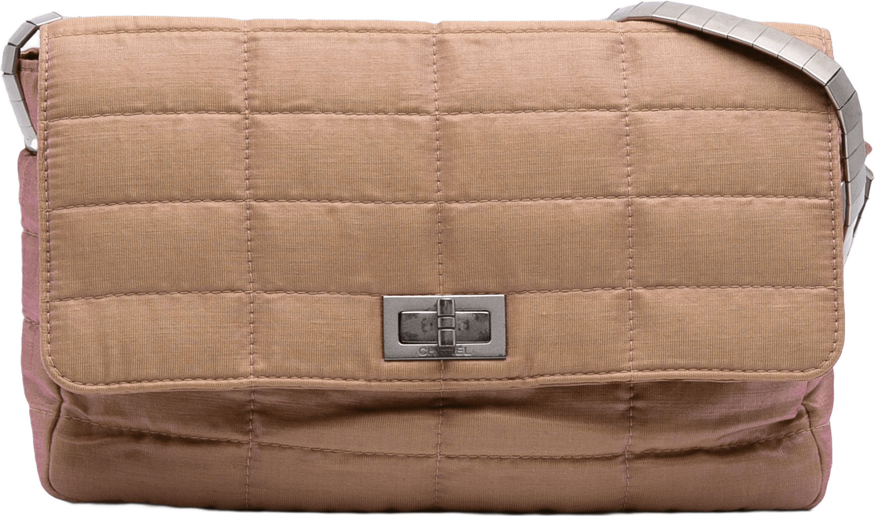 Chanel Quilted Iridescent Nylon Mademoiselle Flap, från Luxclusif, i färgen beige.