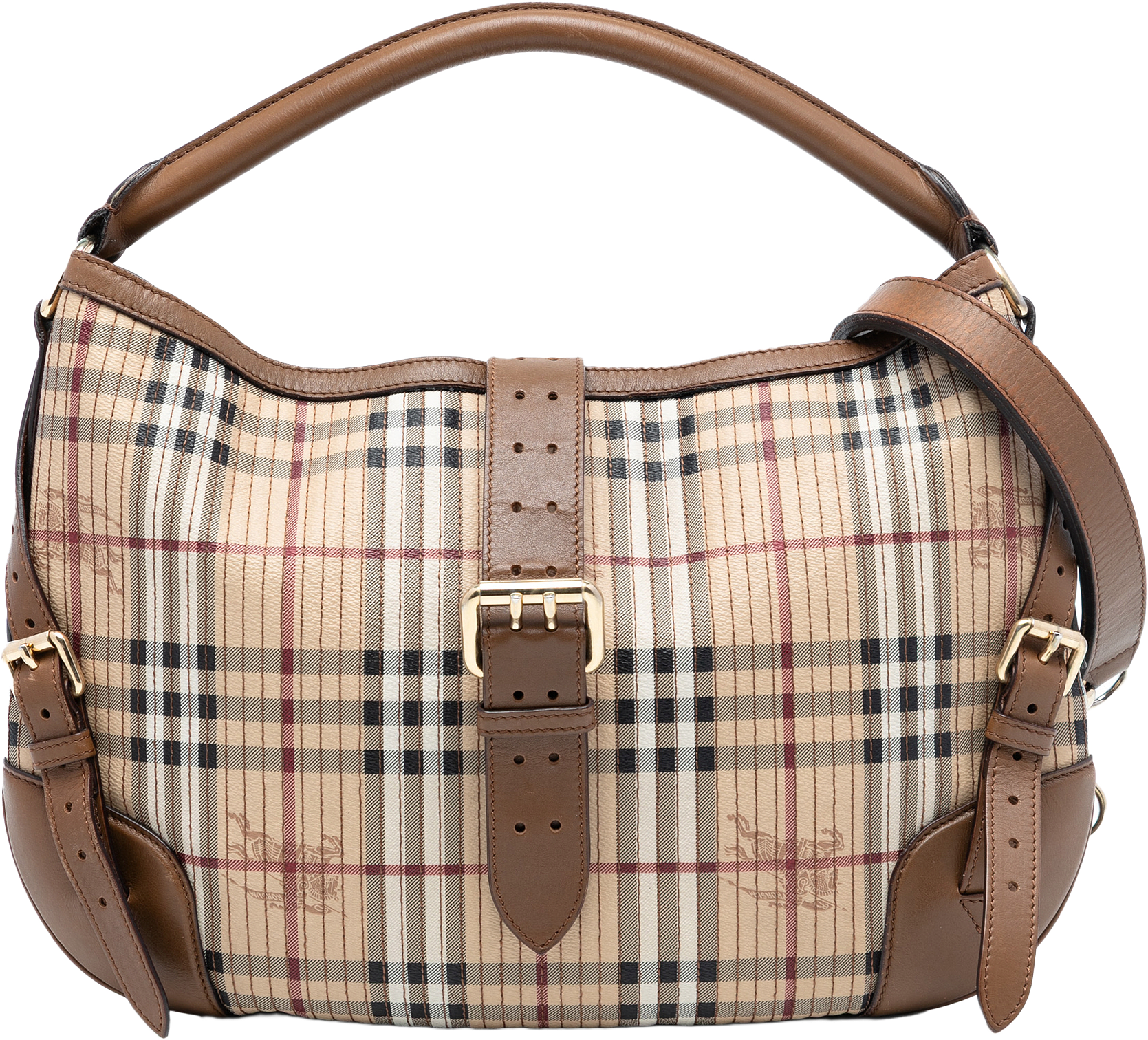 Burberry Haymarket Check Stitched Coated Canvas And Leather Dunloe Satchel, från Luxclusif, i färgen beige.