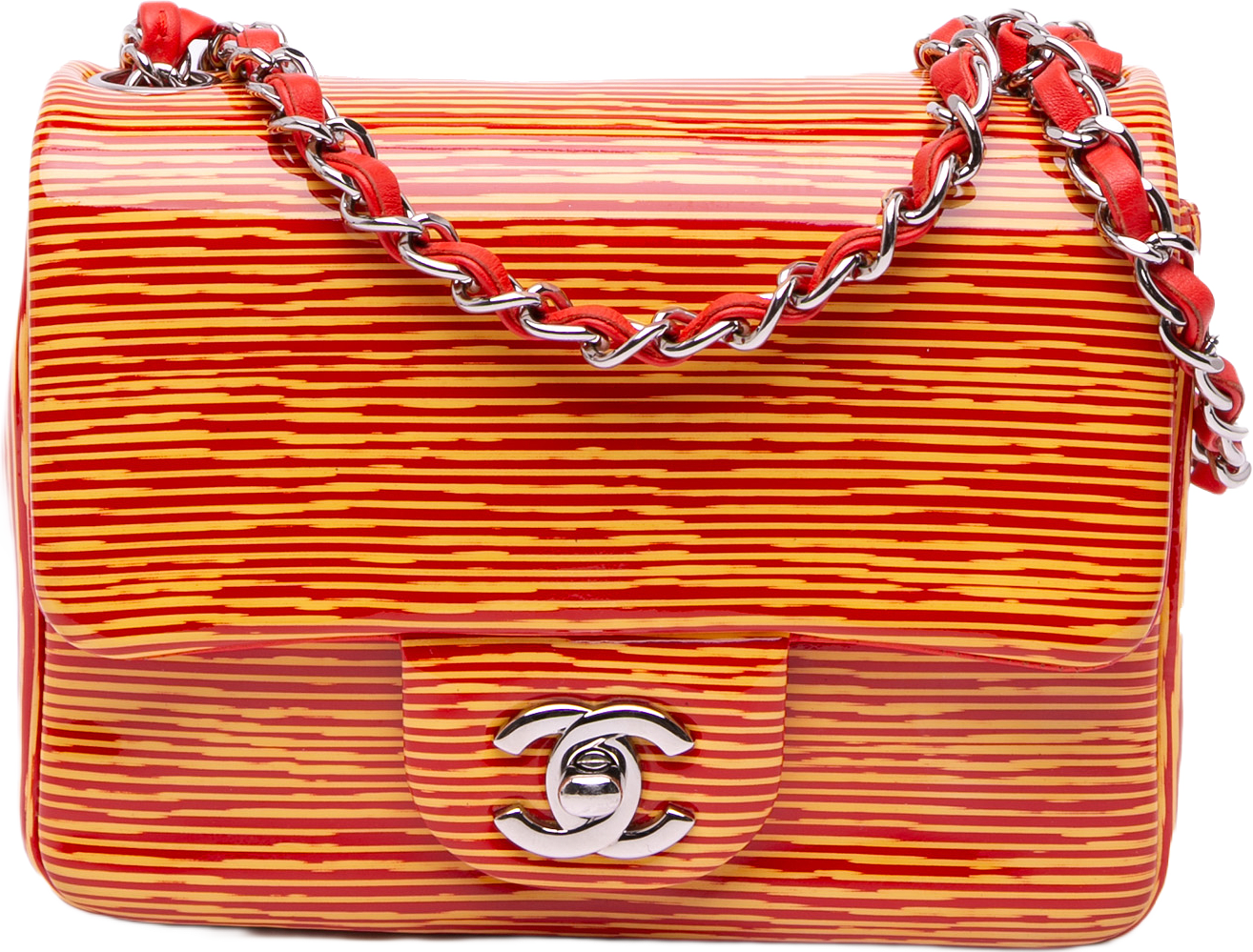 Chanel Mini Square Classic Patent Striped Single Flap, från Luxclusif, i färgen orange.