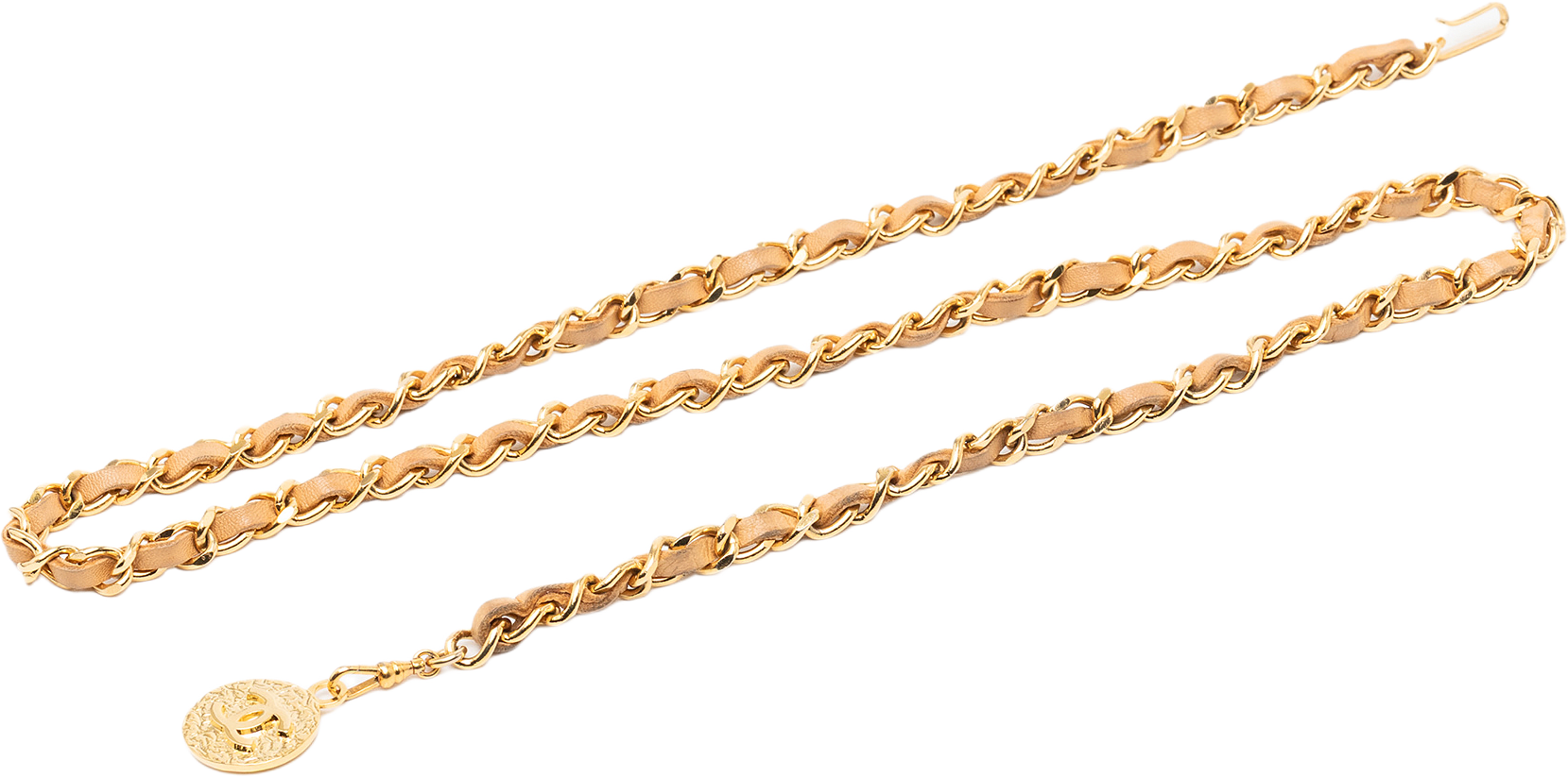 Chanel Gold Plated Leather Woven Medallion Chain Belt, från Luxclusif, i färgen beige.