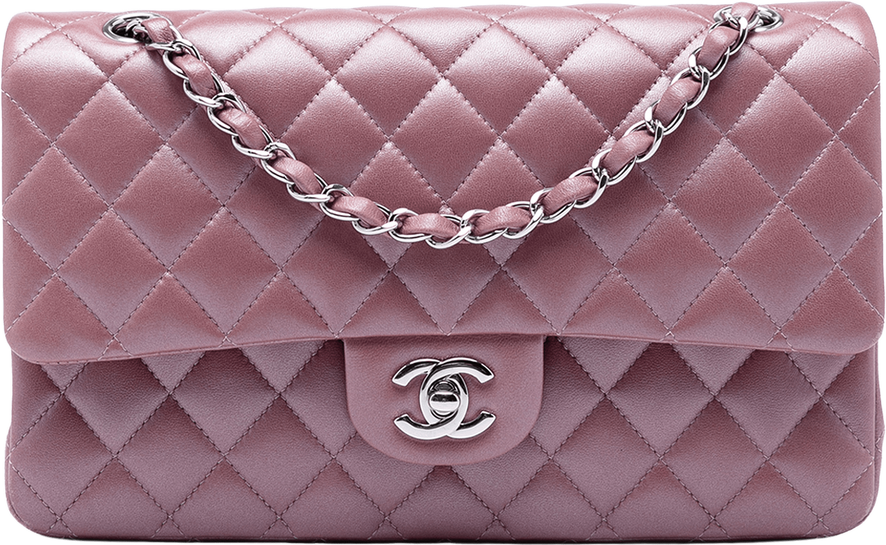 Chanel Medium Metallic Classic Lambskin Double Flap, från Luxclusif, i färgen rose gold.