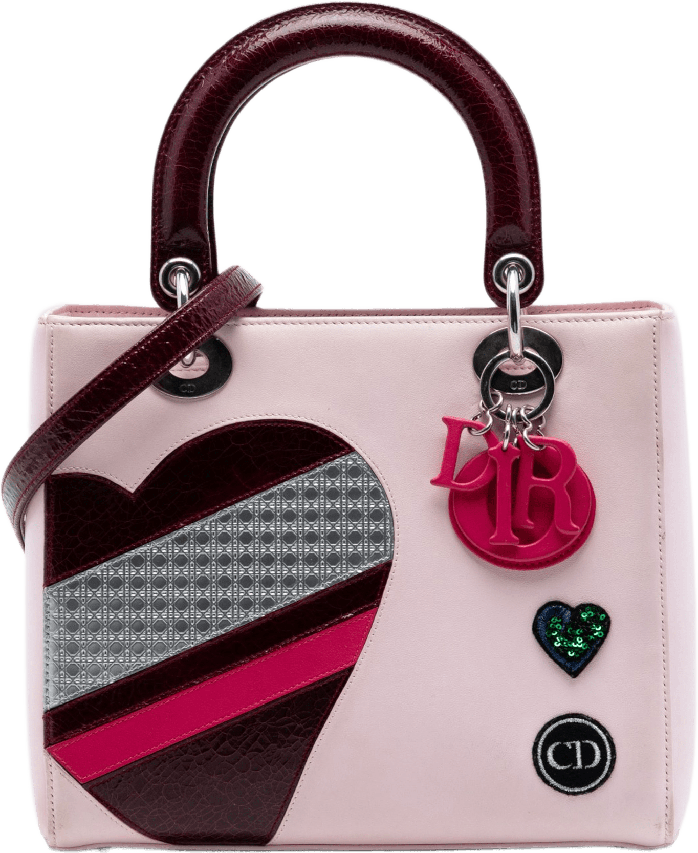 Dior Medium Calfskin Patent Embroidered Valentines Day Heart Lady Dior, från Luxclusif, i färgen rosa.