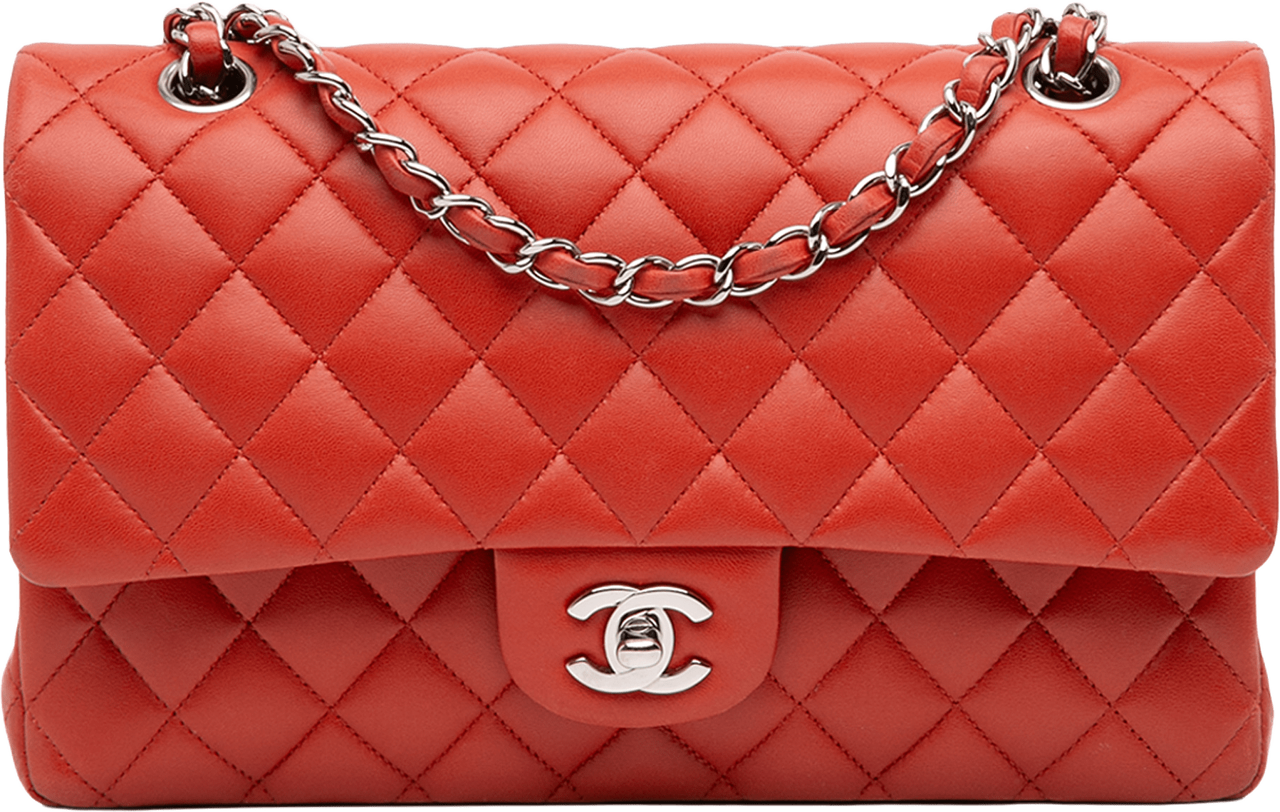 Chanel Medium Classic Lambskin Double Flap, från Luxclusif, i färgen red orange.
