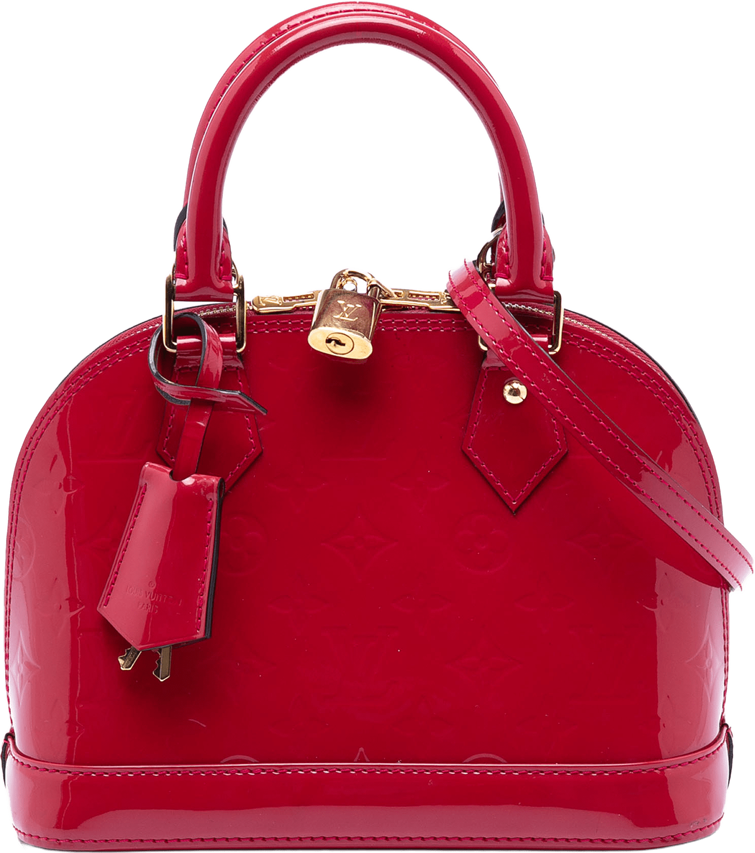 Louis Vuitton Monogram Vernis Alma Bb, från Luxclusif, i färgen dark pink.