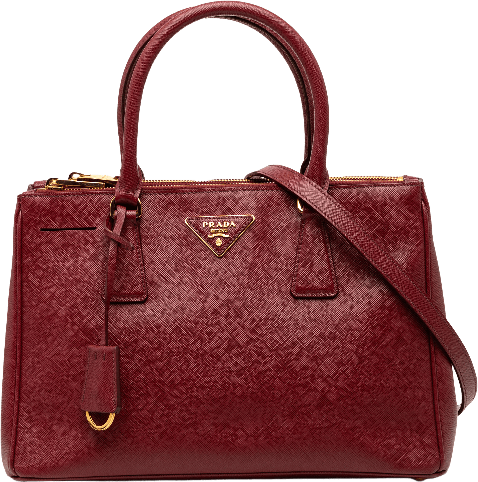 Prada Small Saffiano Lux Galleria Double Zip Satchel, från Luxclusif, i färgen dark red.
